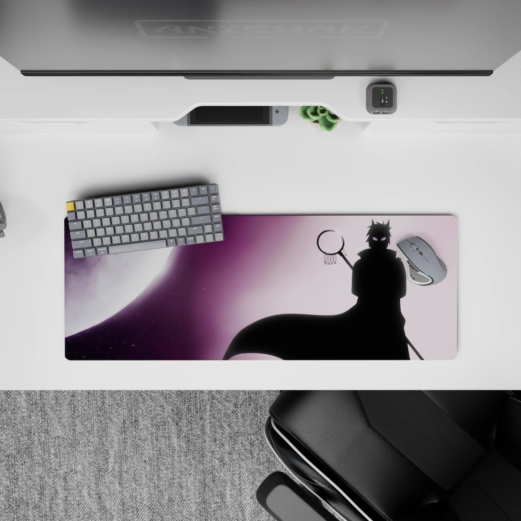 32x12 inches anime mouse pad in deep violet haze with soft gradients, star specks, and eerie glowing eyes.