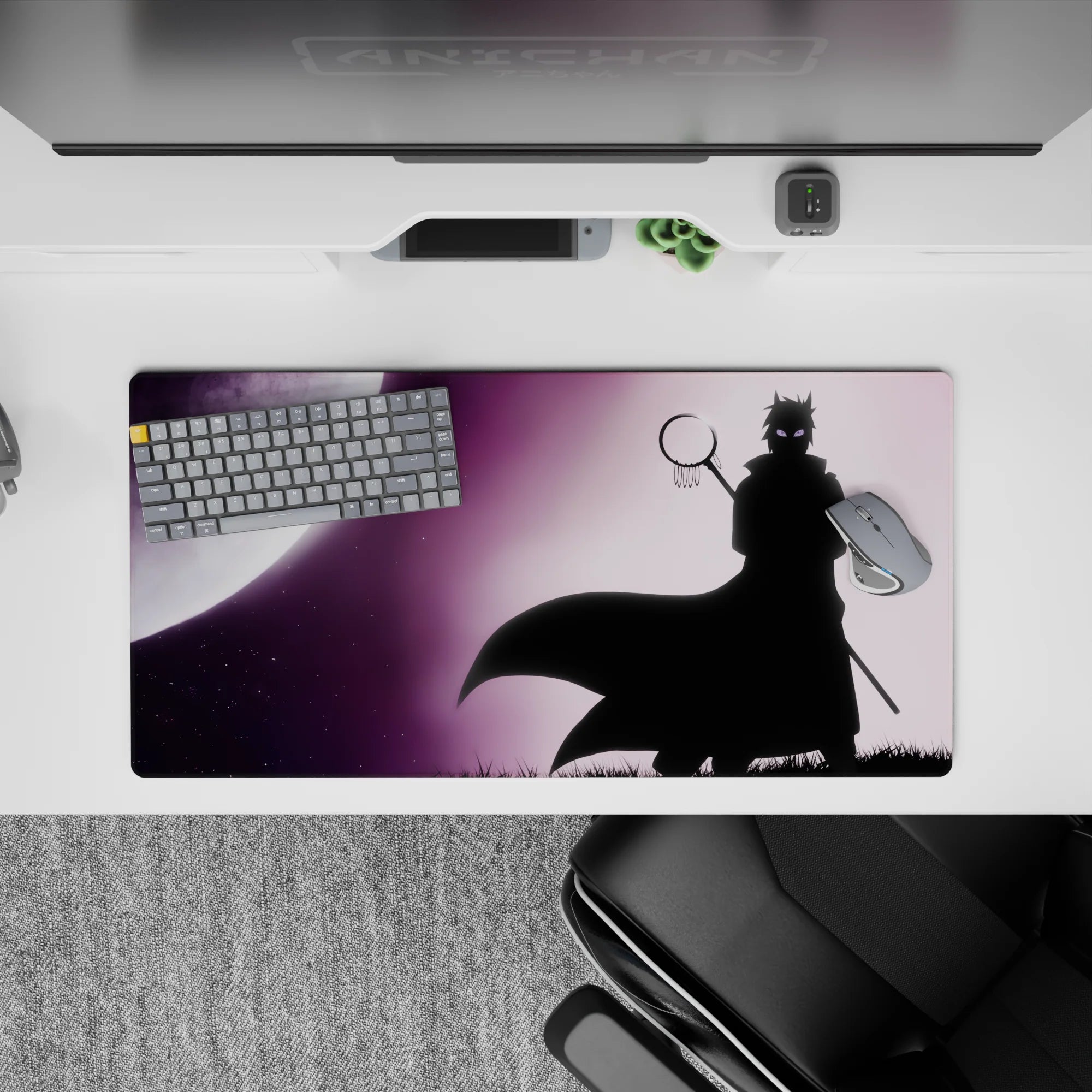 32x16 inches dark violet anime mouse pad, moody midnight haze with soft gradients, star specks, and eerie eyes.