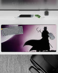 32x16 inches dark violet anime mouse pad, moody midnight haze with soft gradients, star specks, and eerie eyes.