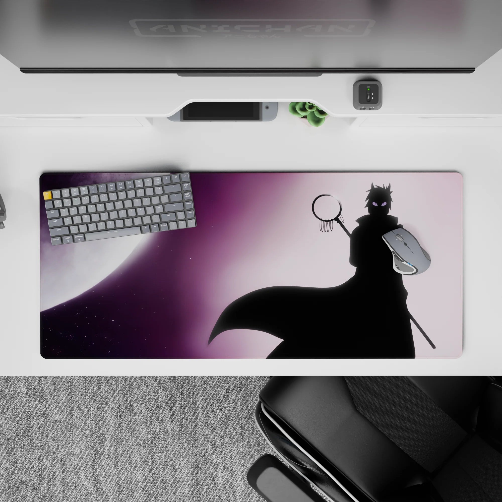 36x16 inches anime desk pad in deep violet haze with soft gradients, star specks, and eerie calm eyes.