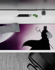 36x16 inches anime desk pad in deep violet haze with soft gradients, star specks, and eerie calm eyes.