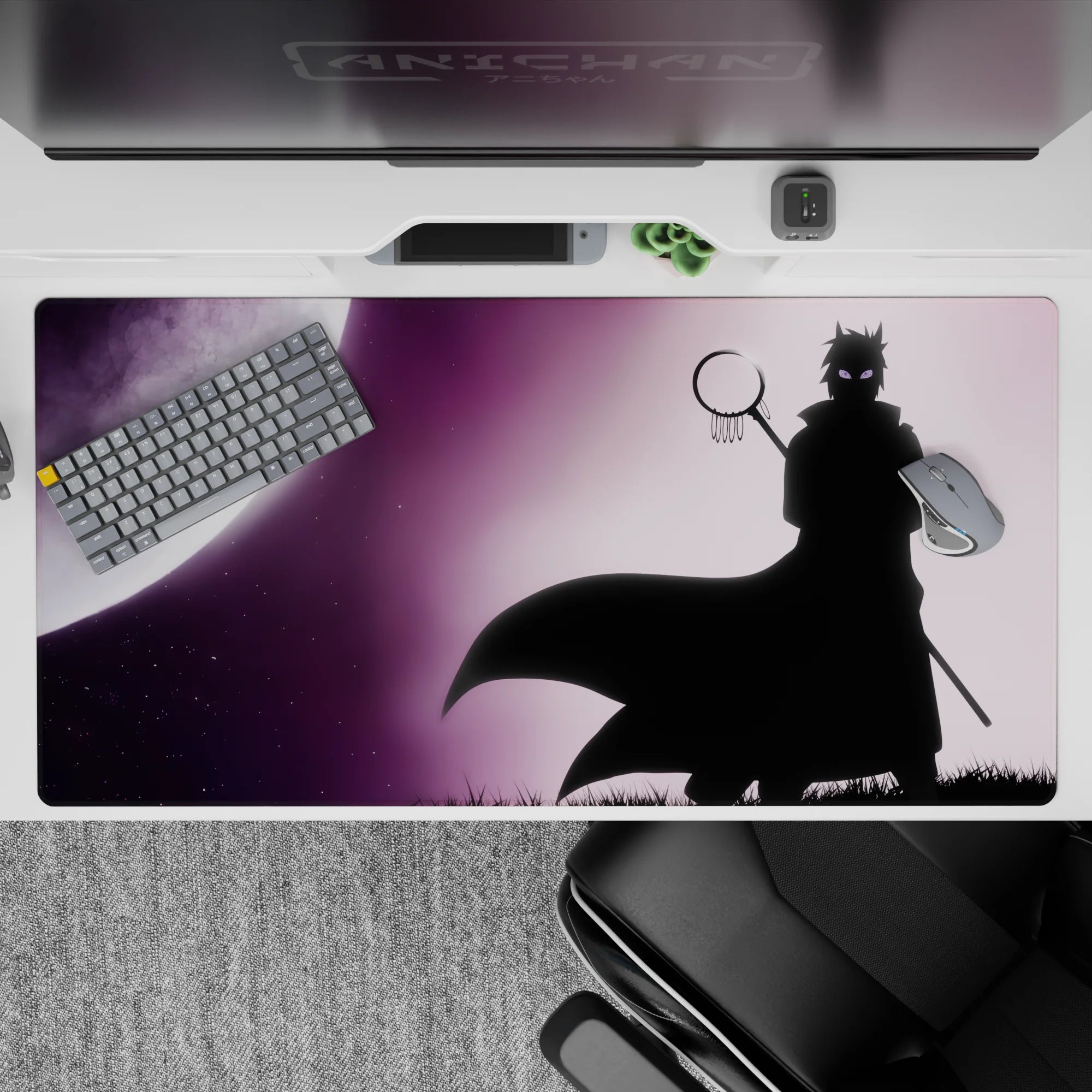 Deep violet haze anime desk pad with pale moon glow, star specks, and eerie eyes, 40x20 inches.