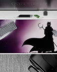 Deep violet haze anime desk pad with pale moon glow, star specks, and eerie eyes, 40x20 inches.