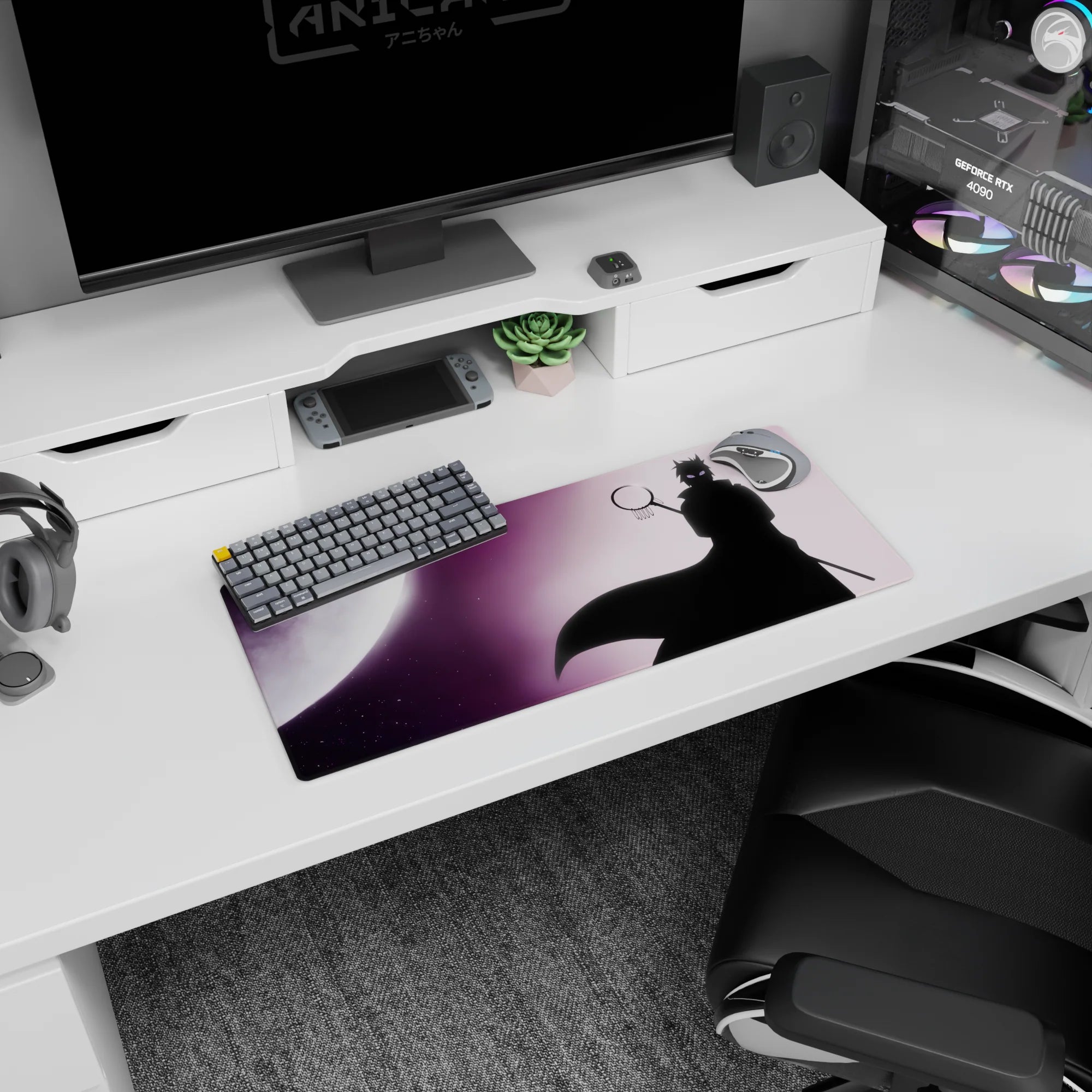 28x12 inches Naruto-inspired mouse pad showing a Sasuke-style ninja silhouette before a huge full moon.