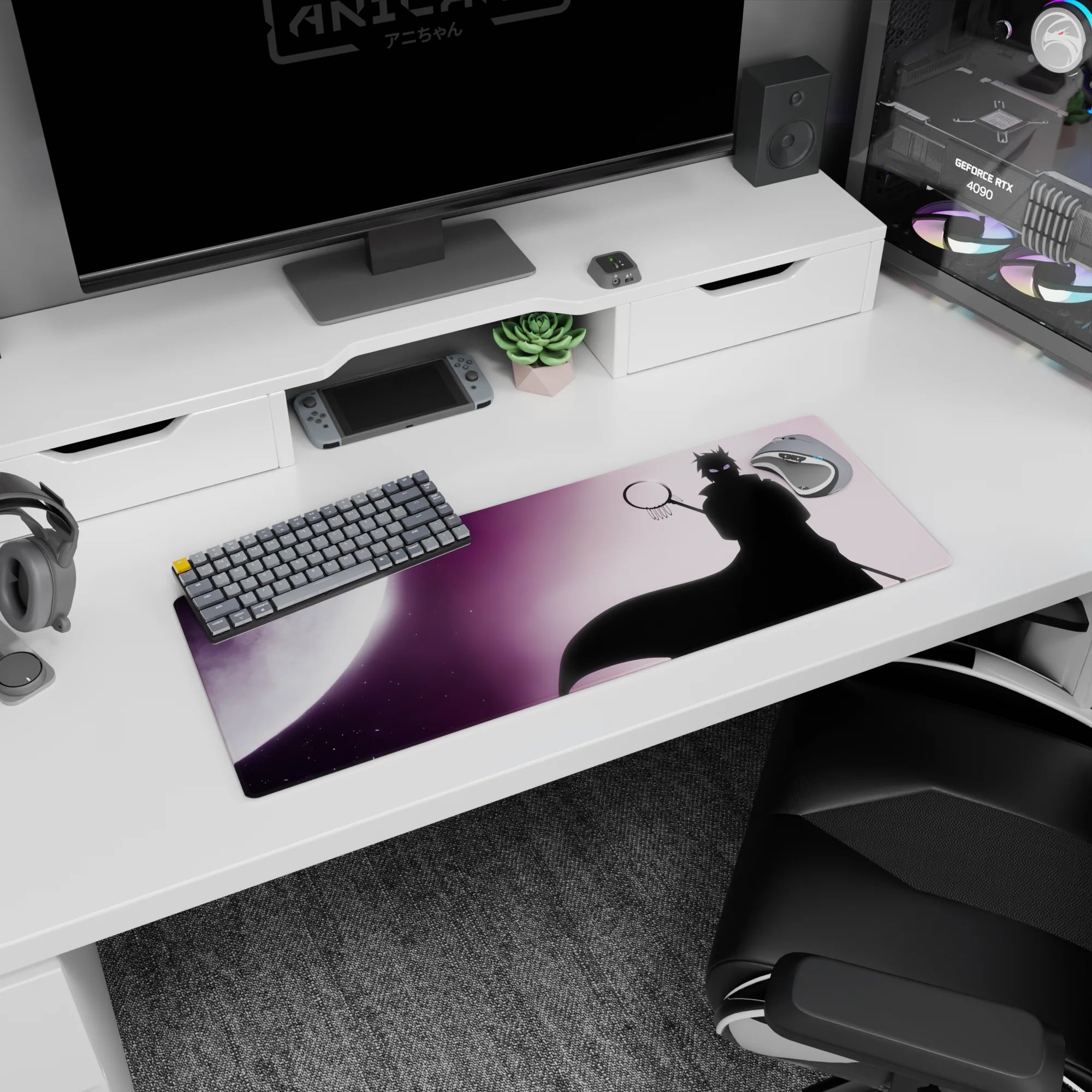 32x12 inches Naruto-inspired mouse pad with a Sasuke Uchiha-style ninja silhouette against a pale moon.