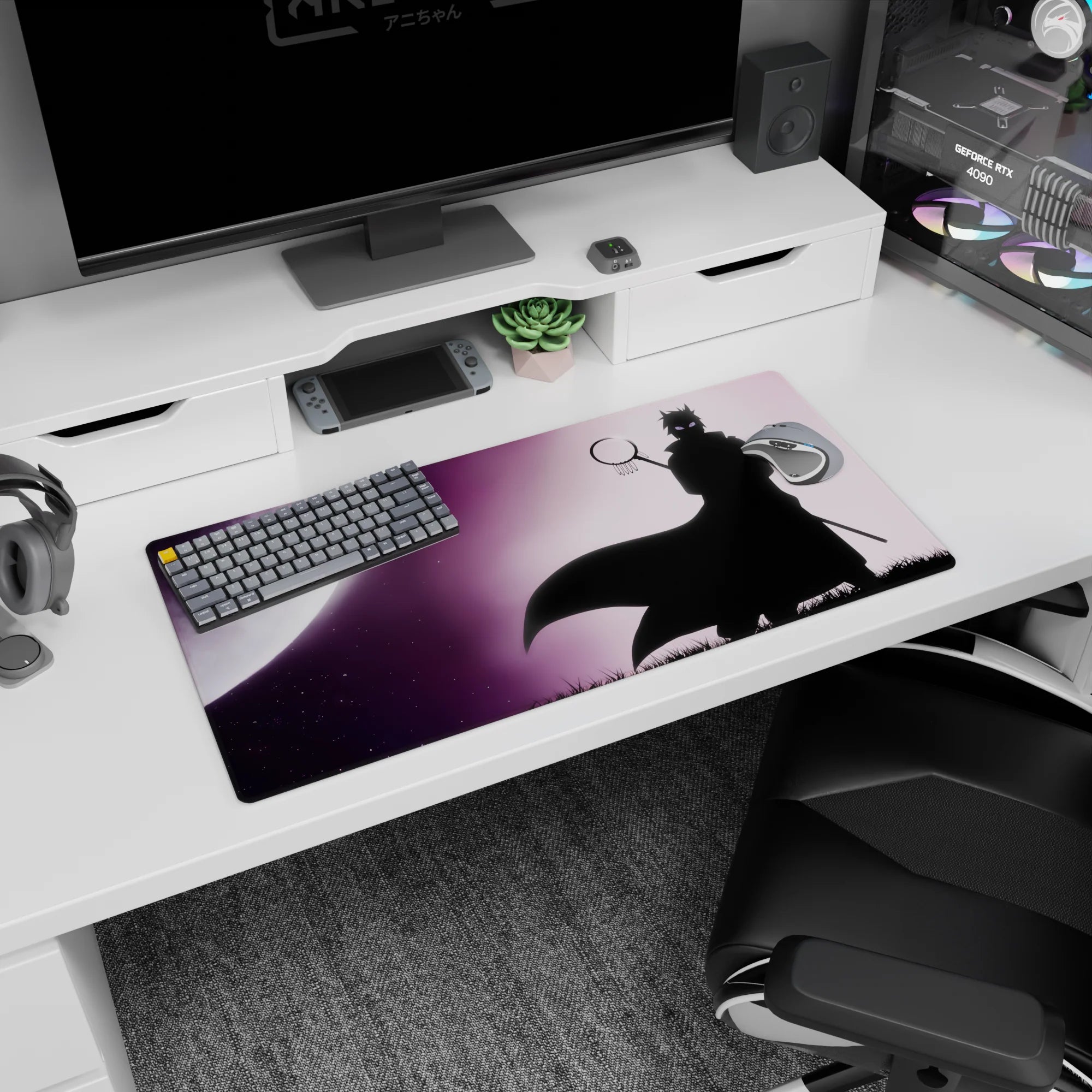 32x16 inches Naruto-inspired mouse pad featuring a Sasuke-style ninja silhouette under a huge pale moon.