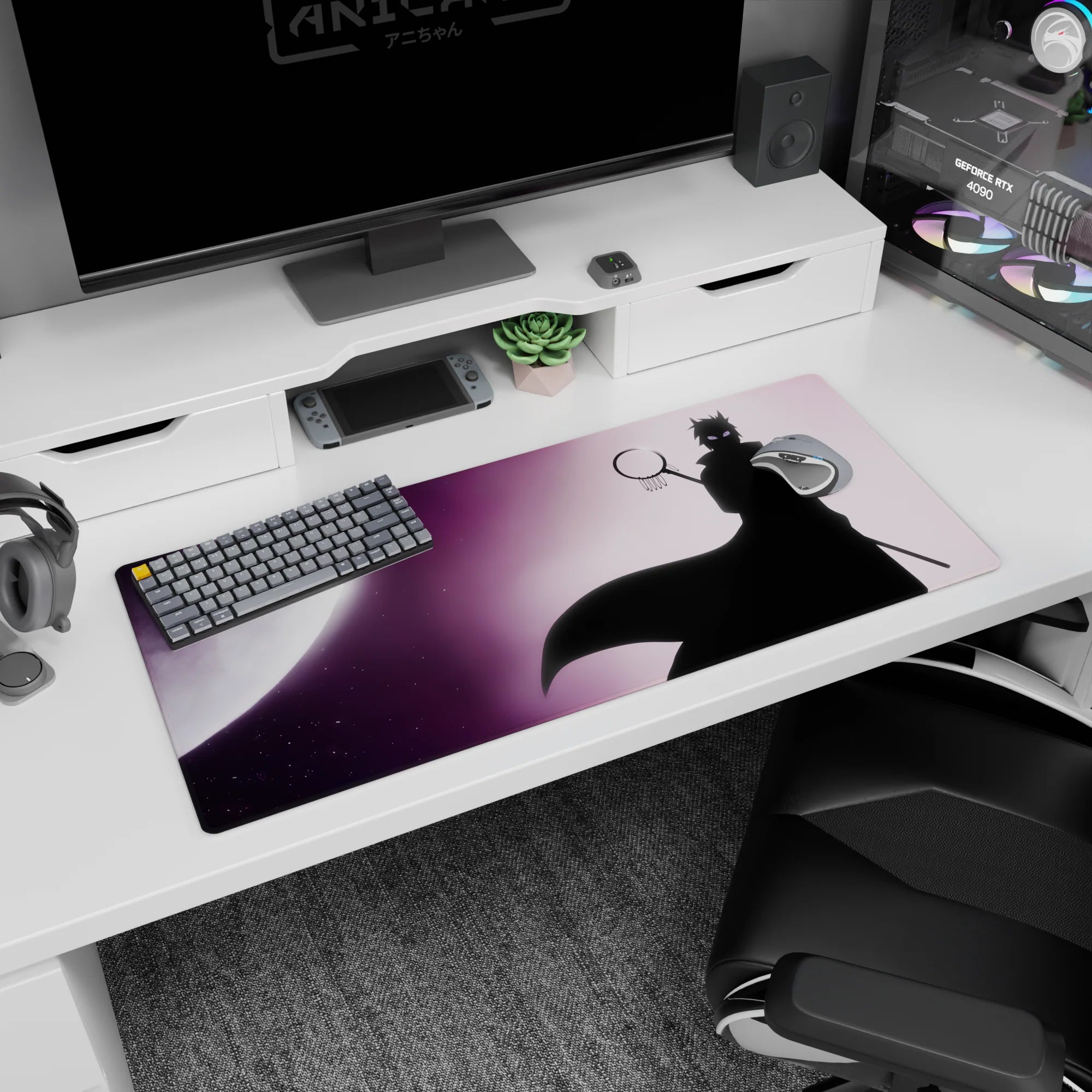 36x16 inches Naruto-inspired desk pad featuring a Sasuke-style ninja silhouette before a huge pale moon.