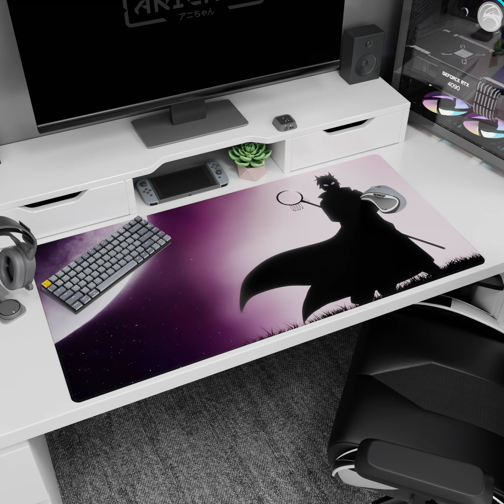 Naruto-inspired Sasuke-style shinobi in shadow before a huge moon desk pad, 40x20 inches.