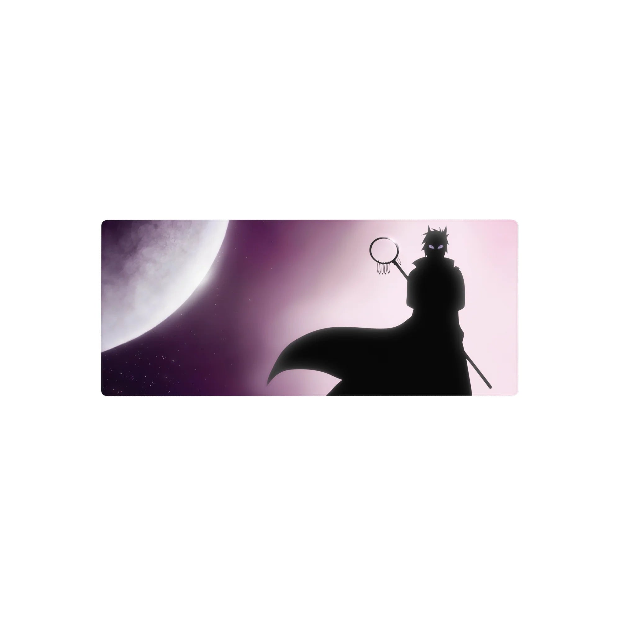 28x12 inches anime mouse pad with moonlit shinobi silhouette, flowing cape, and star-speckled background.