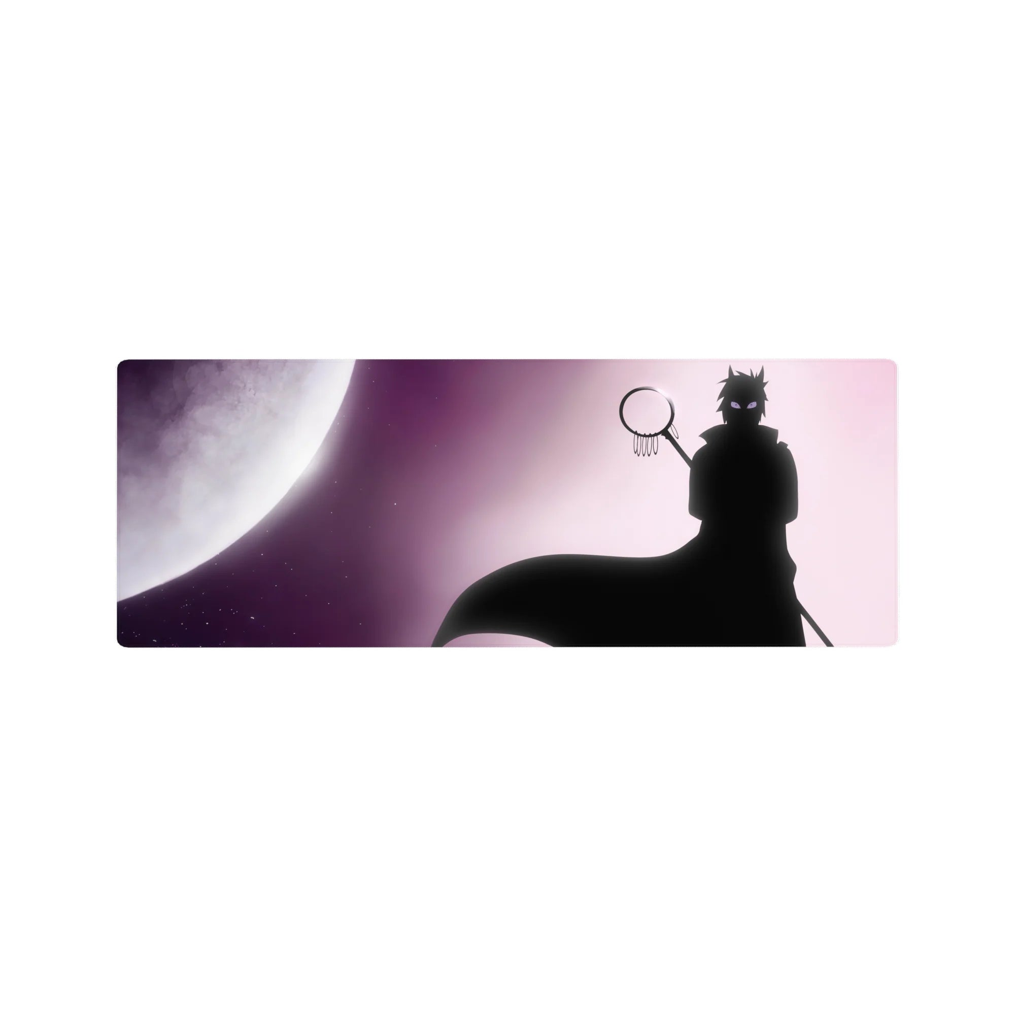 32x12 inches anime mouse pad with shadowy shinobi silhouette, flowing cape, and glowing full moon backdrop.