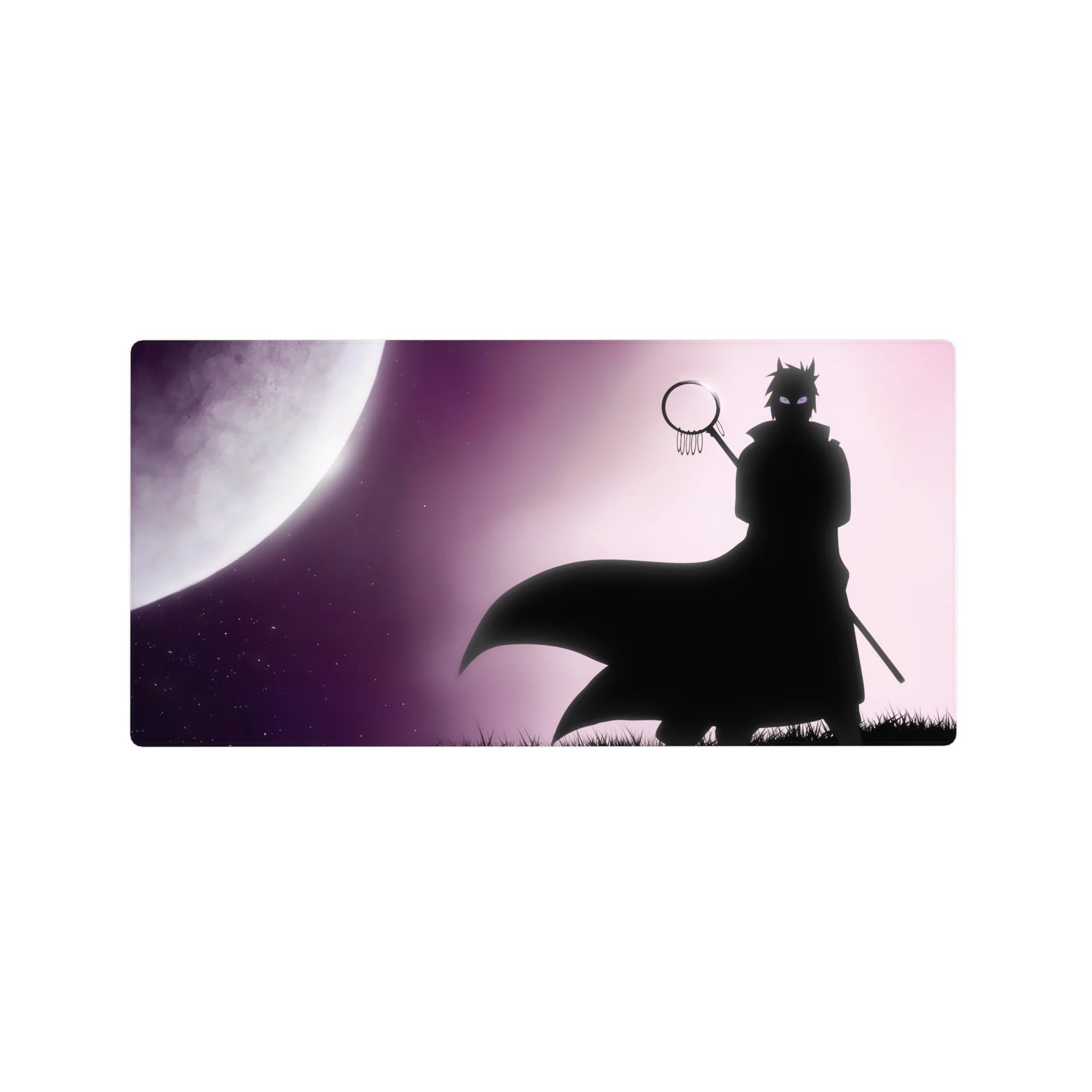 32x16 inches anime mouse pad with shadowy shinobi silhouette, sweeping cape, and glowing full moon backdrop.