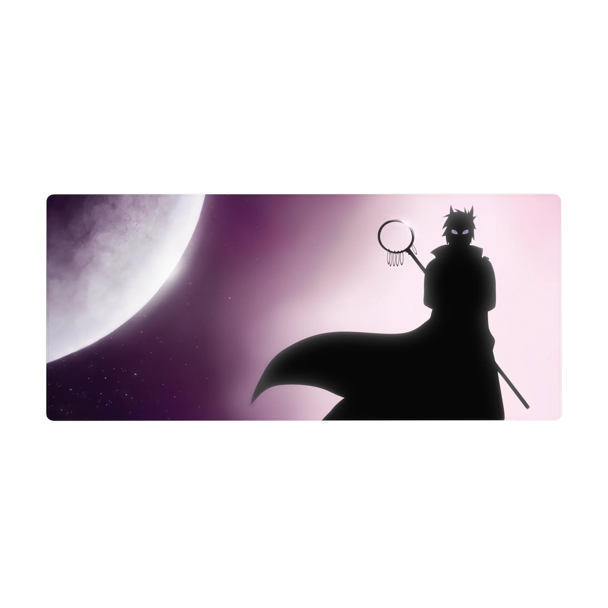 36x16 inches anime desk pad with shadowy shinobi silhouette, sweeping cape, and glowing full moon.