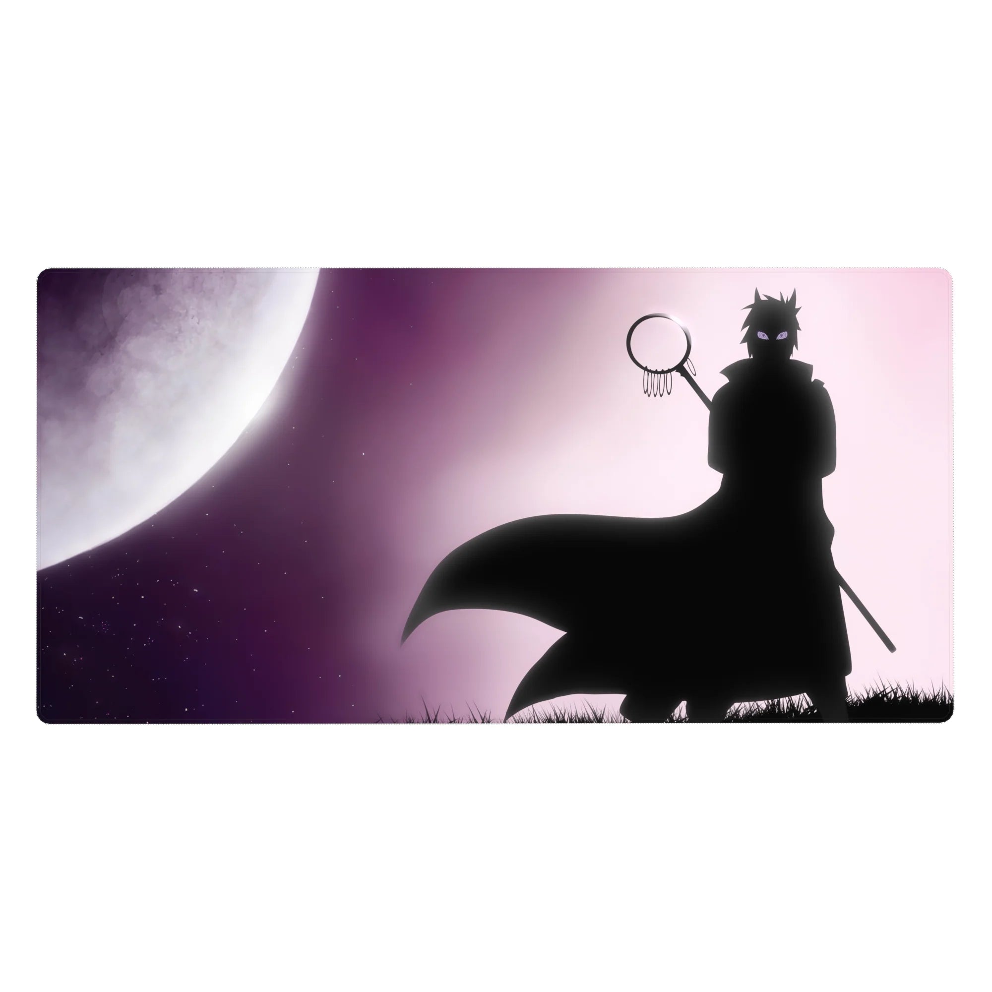 Moonlit shinobi silhouette anime desk pad with glowing full moon and sweeping cape, 40x20 inches.