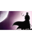 Moonlit shinobi silhouette anime desk pad with glowing full moon and sweeping cape, 40x20 inches.