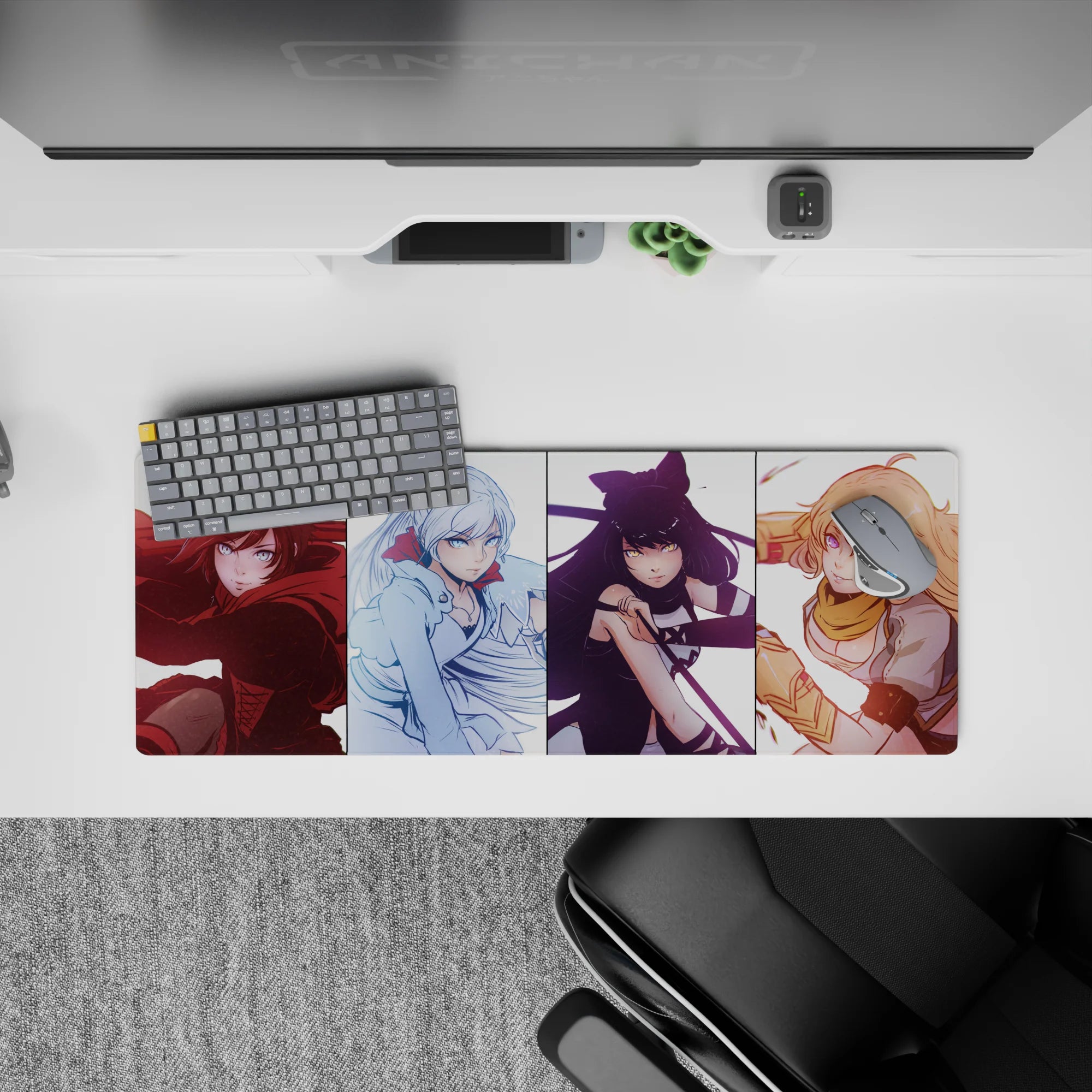 32x12 inches anime girl mouse pad in ruby, icy blue, midnight black, and sunny gold, playful squad vibe.
