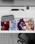 32x12 inches anime girl mouse pad in ruby, icy blue, midnight black, and sunny gold, playful squad vibe.