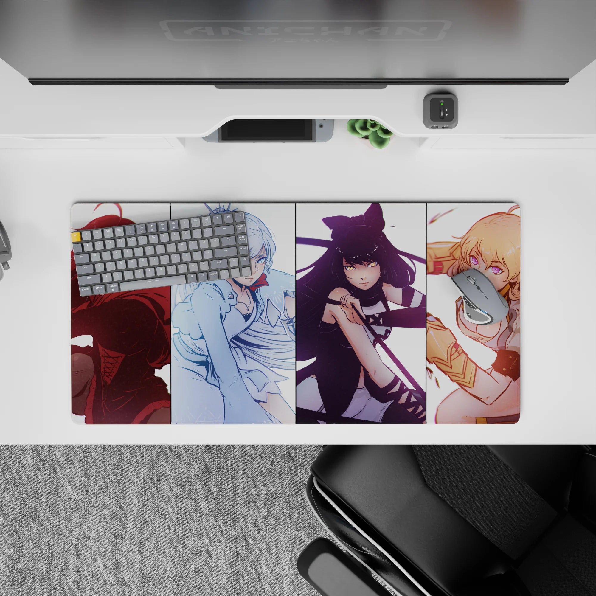 32x16 inches anime girl mouse pad in ruby, icy blue, midnight black, and sunny gold tones, playful vibe.
