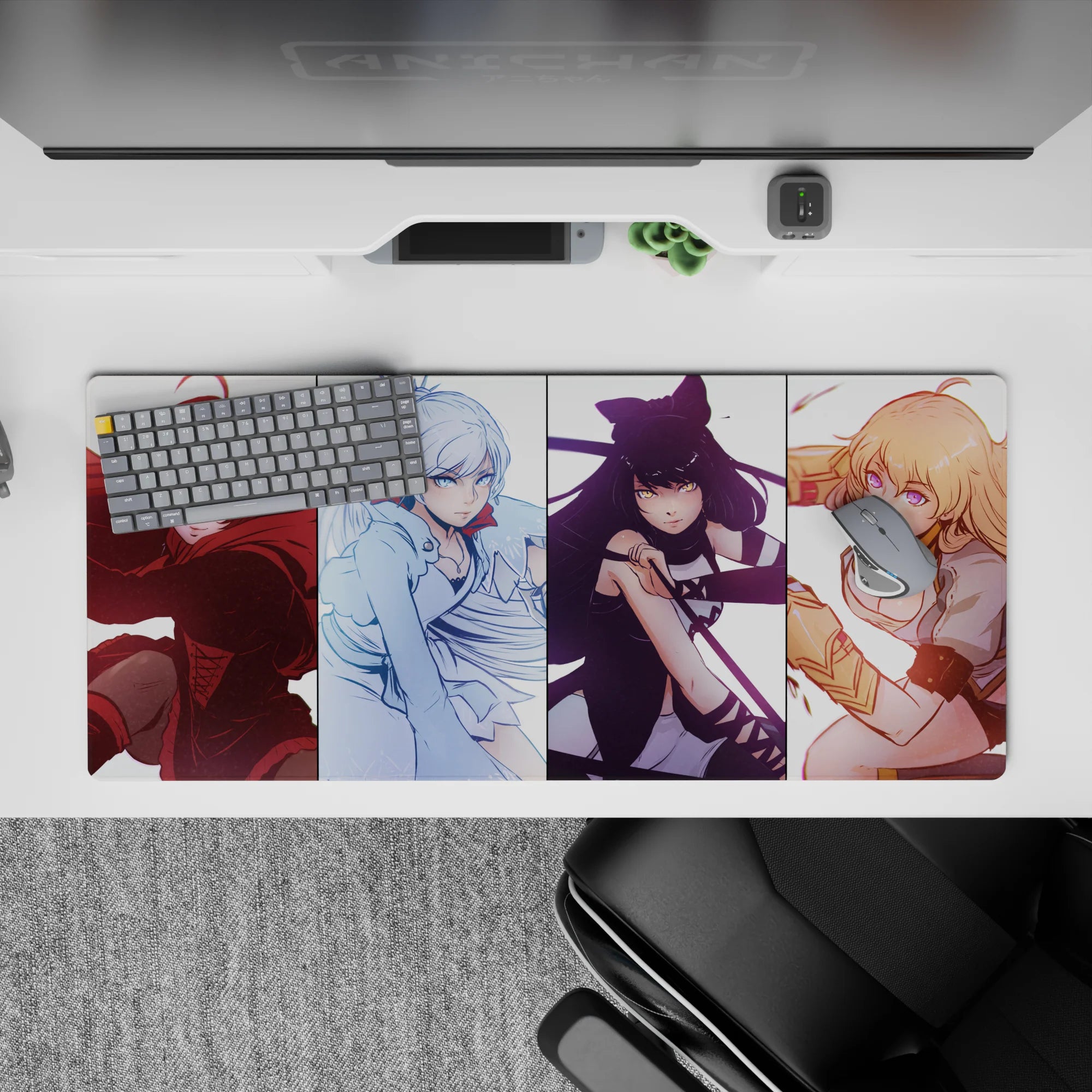 Color-block anime girl desk pad 36x16 inches in ruby, icy blue, midnight black, and sunny gold tones.