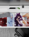 Color-block anime girl desk pad 36x16 inches in ruby, icy blue, midnight black, and sunny gold tones.