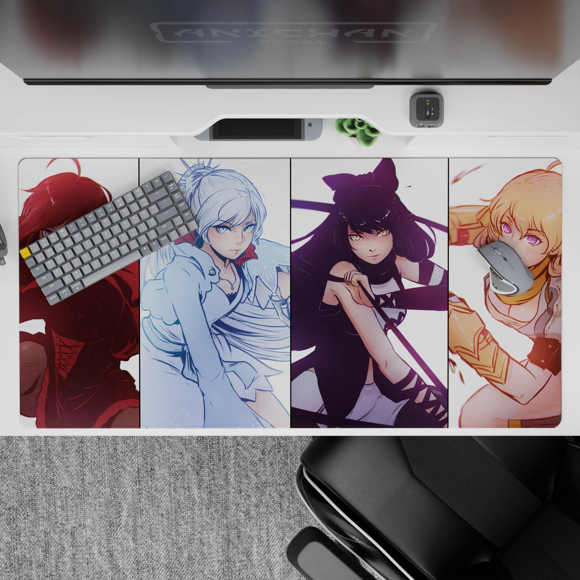 Colorful anime girl desk pad 40x20 inches in ruby, icy blue, midnight black, and sunny gold tones.