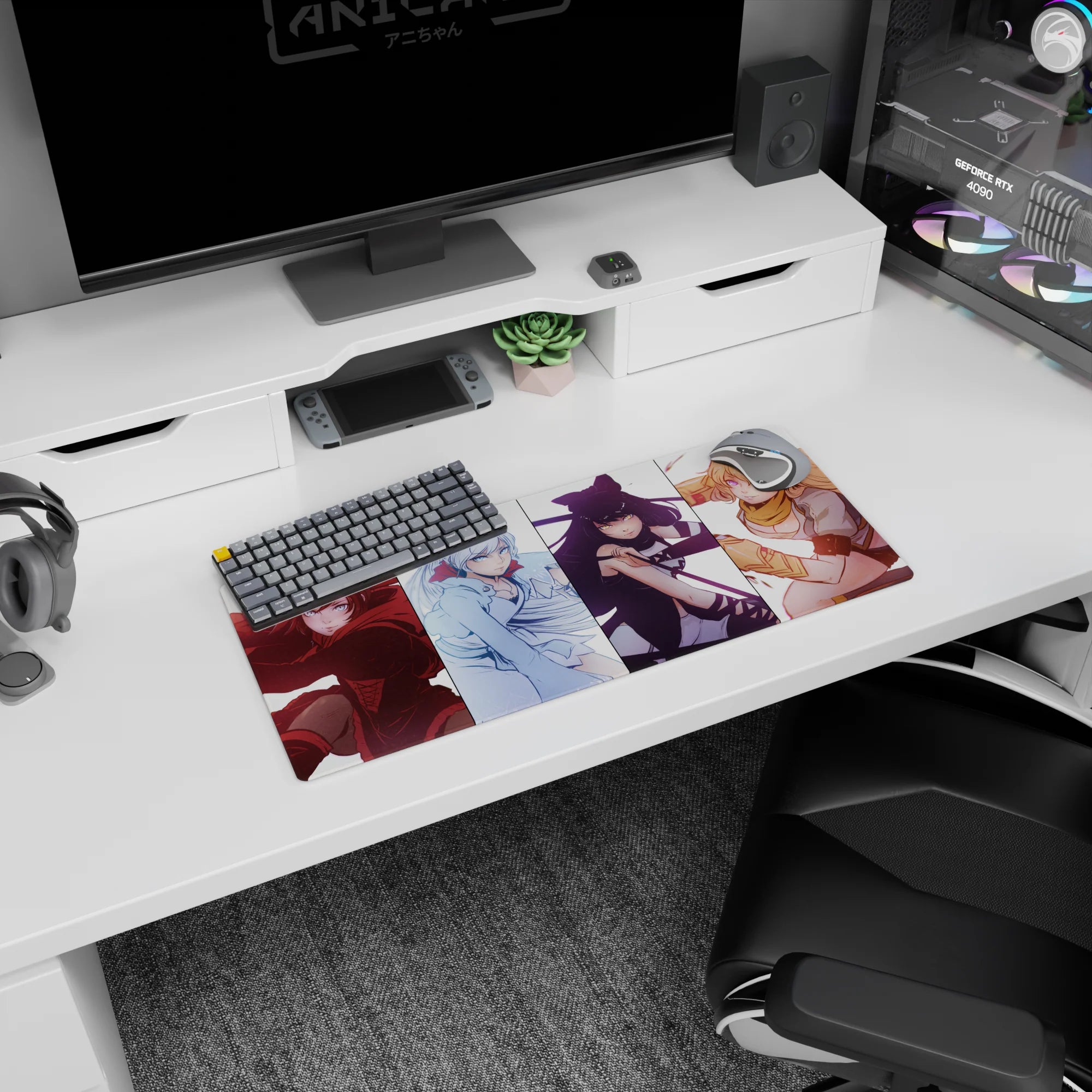 28x12 inches anime girl mouse pad showing a squad lineup: red cloak stare, blue gaze, sly grin, blonde.