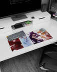 28x12 inches anime girl mouse pad showing a squad lineup: red cloak stare, blue gaze, sly grin, blonde.