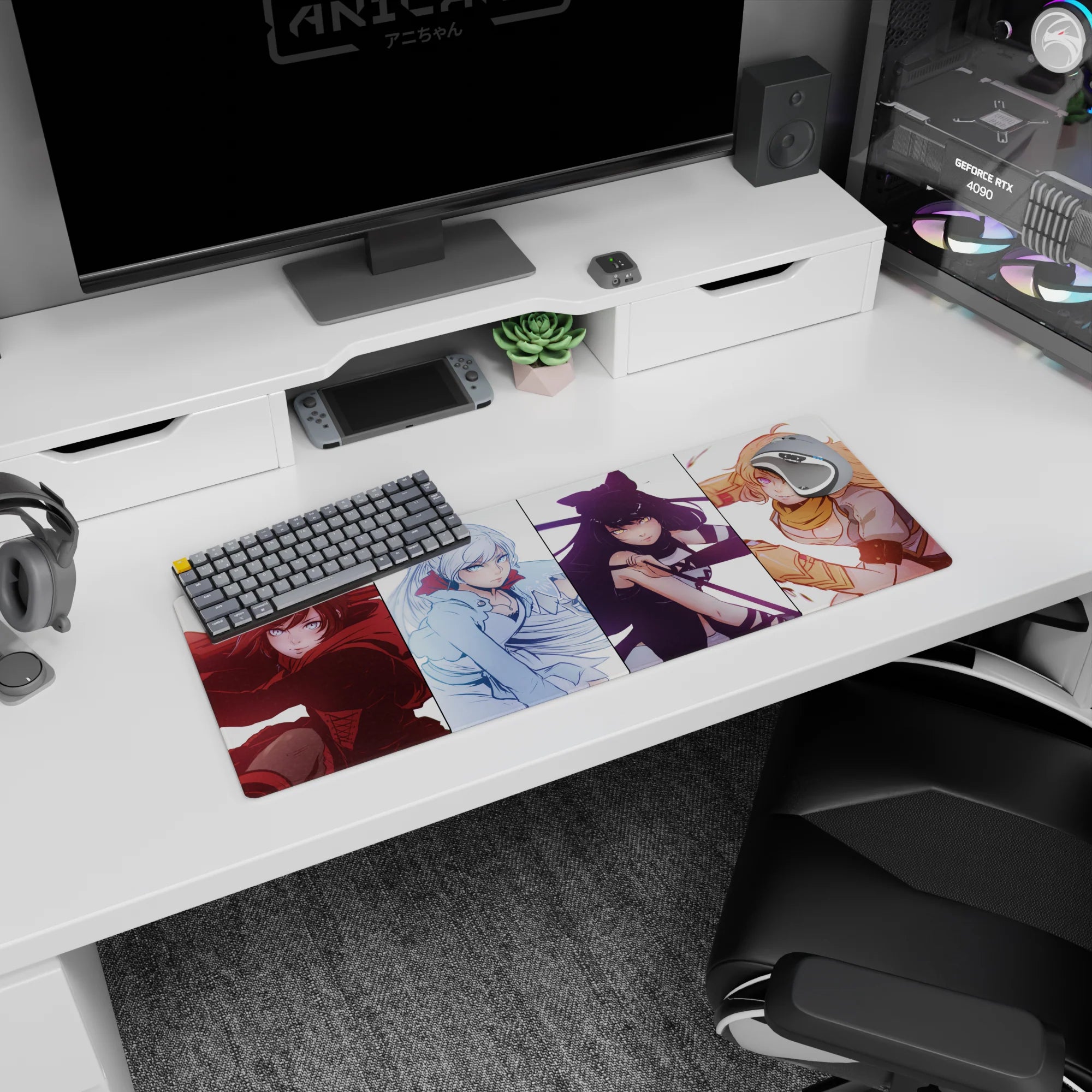 32x12 inches anime girl mouse pad showing four girls lined up: ruby cloak, white hair, black ribbons, blonde.