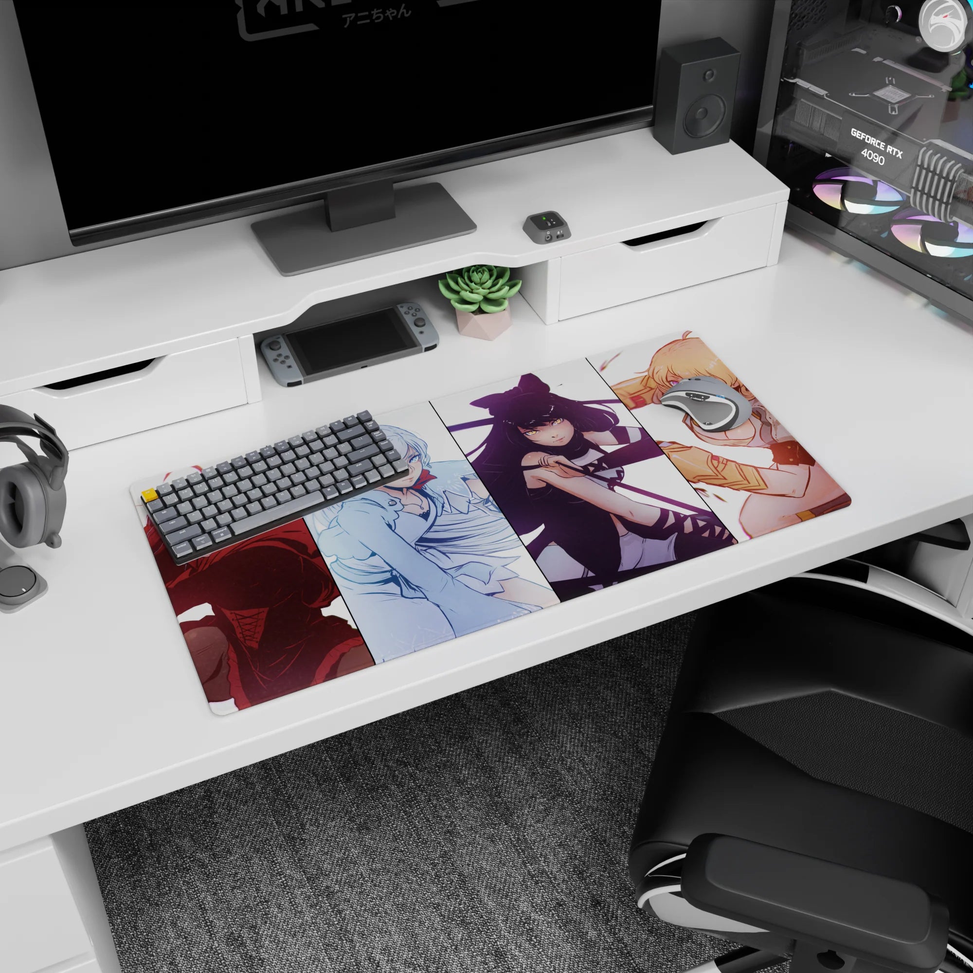 32x16 inches anime girl mouse pad showing a four-girl squad: red cloak, white hair, black ribbons, blonde.