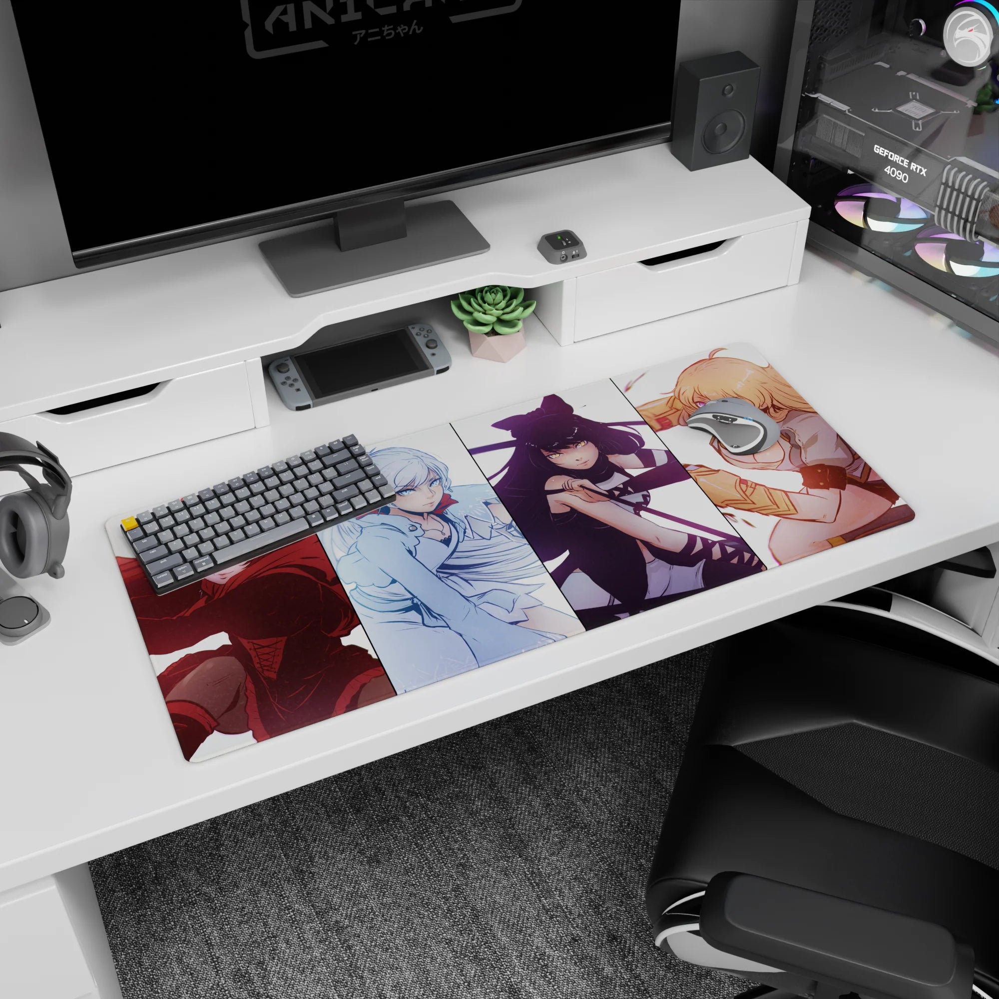Four-anime-girl squad lineup desk pad 36x16 inches, each portrait mid-move with playful attitudes.
