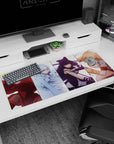 Four-anime-girl squad lineup desk pad 36x16 inches, each portrait mid-move with playful attitudes.
