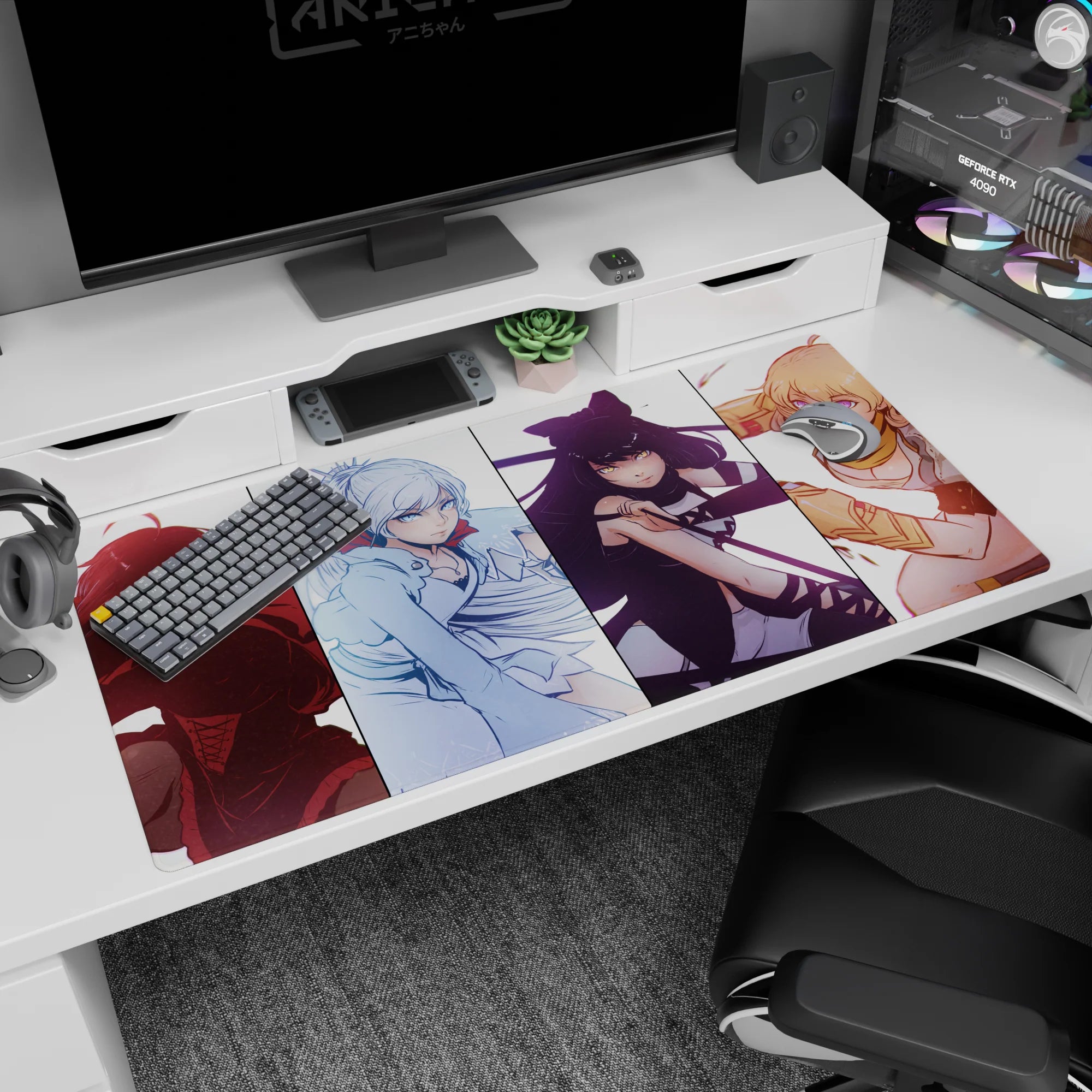 Four anime girls lineup desk pad 40x20 inches, each mid-move with sharp eyes, ribbons, and cloaks.