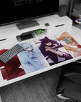 Four anime girls lineup desk pad 40x20 inches, each mid-move with sharp eyes, ribbons, and cloaks.