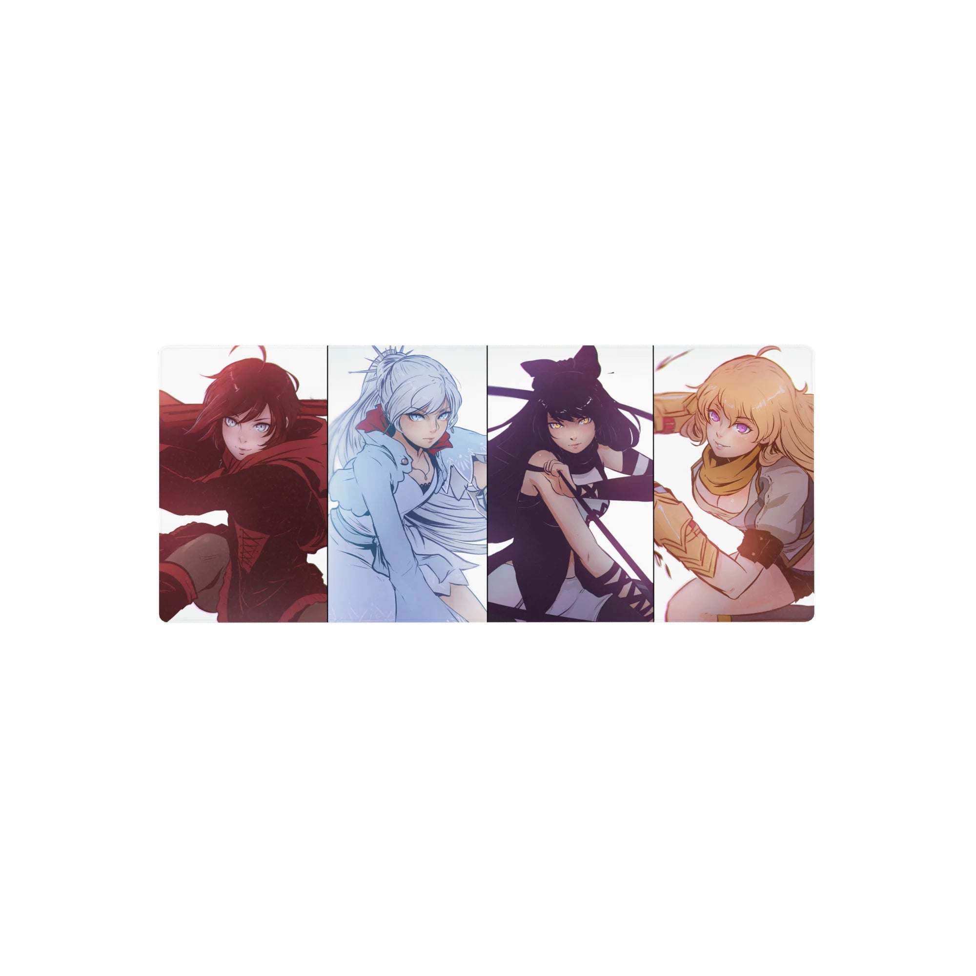 28x12 inches anime girl mouse pad with four fierce portraits in clean panels and bold color blocks.