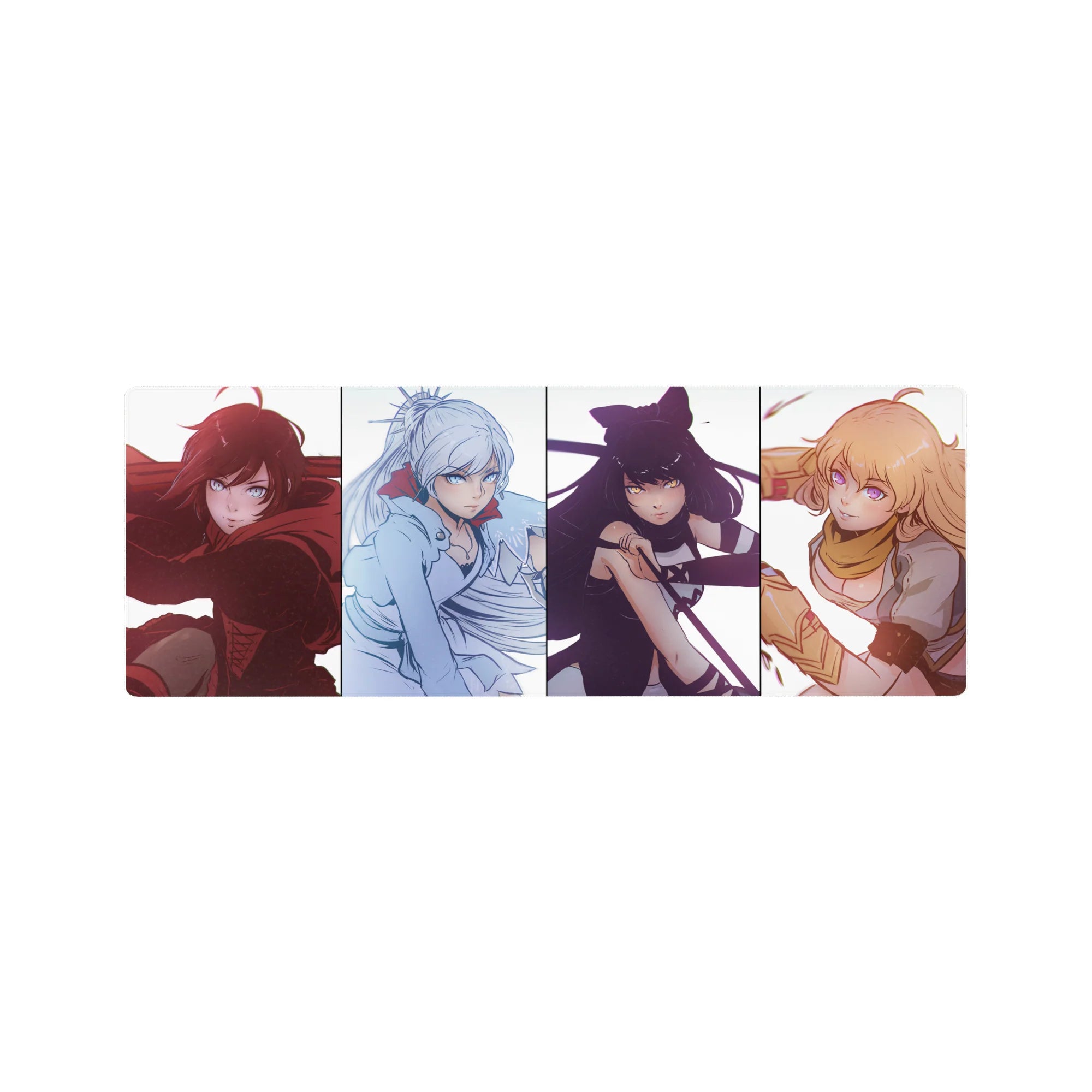 32x12 inches anime girl mouse pad with four fierce portraits in clean panels and bold color blocks.