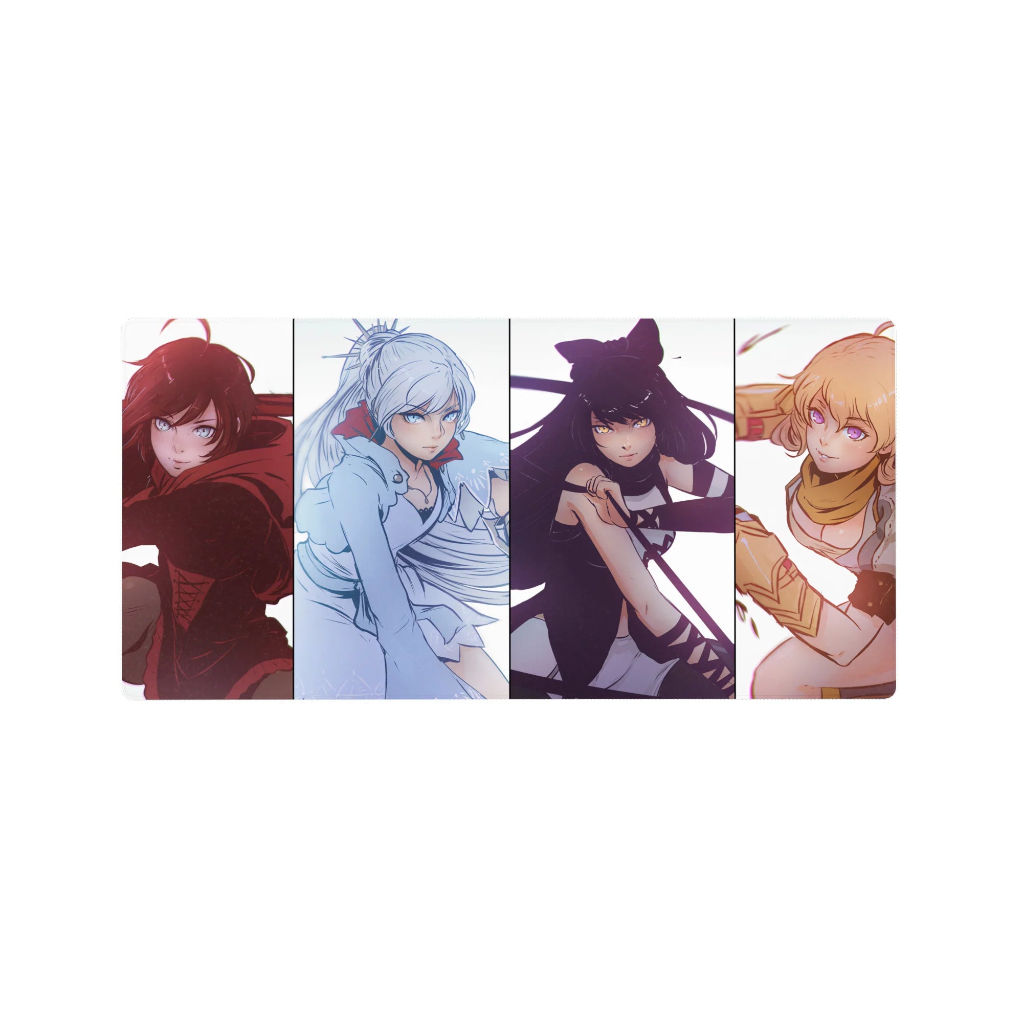32x16 inches anime girl mouse pad with four fierce portrait panels and bold color-block layout.