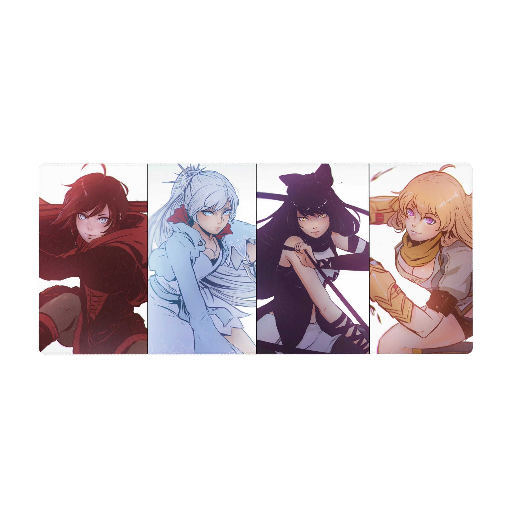 Anime girl desk pad 36x16 inches with four fierce portraits in bold panels and crisp linework.