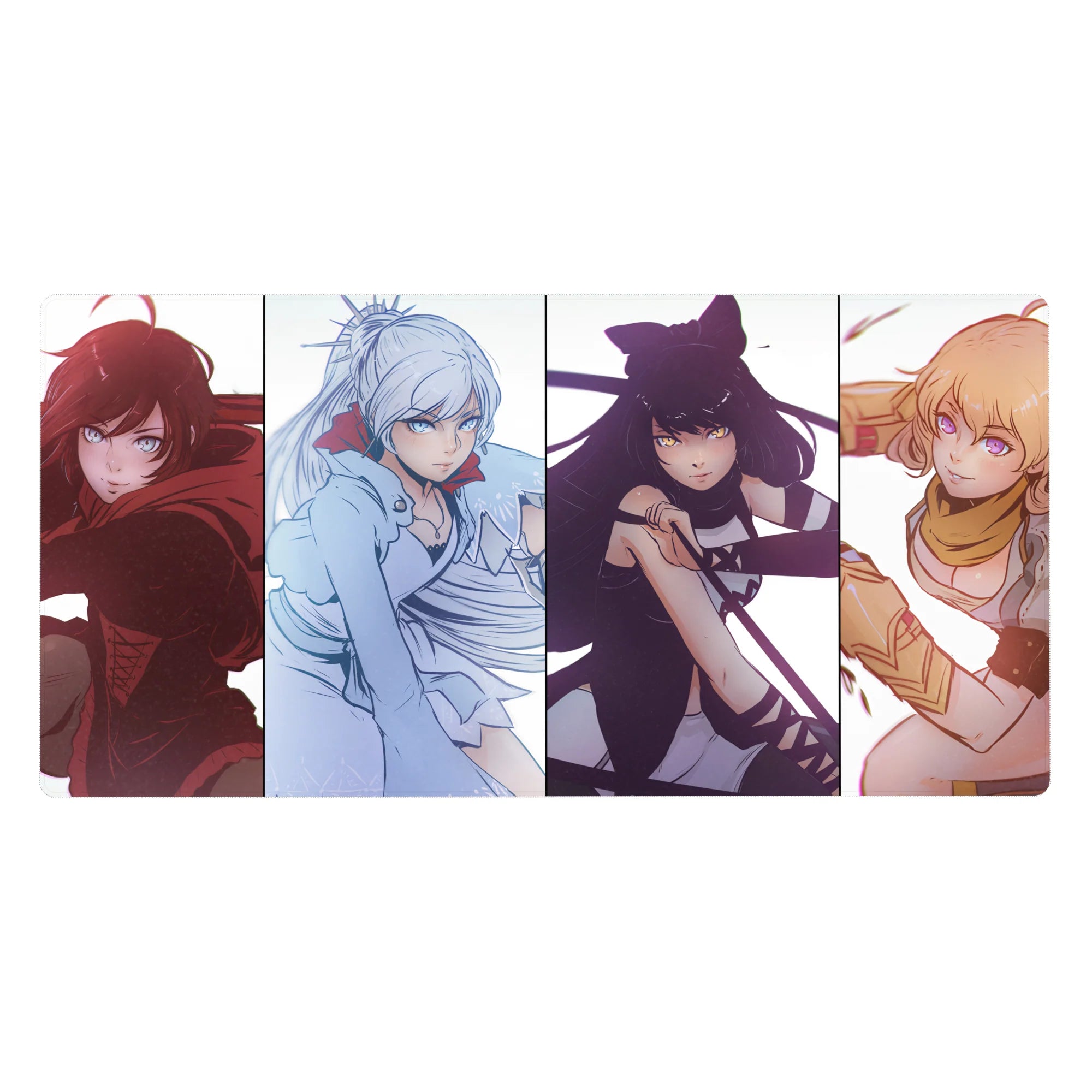 Anime girl desk pad 40x20 inches with four fierce portraits in clean panels and bold color blocks.