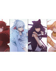 Anime girl desk pad 40x20 inches with four fierce portraits in clean panels and bold color blocks.