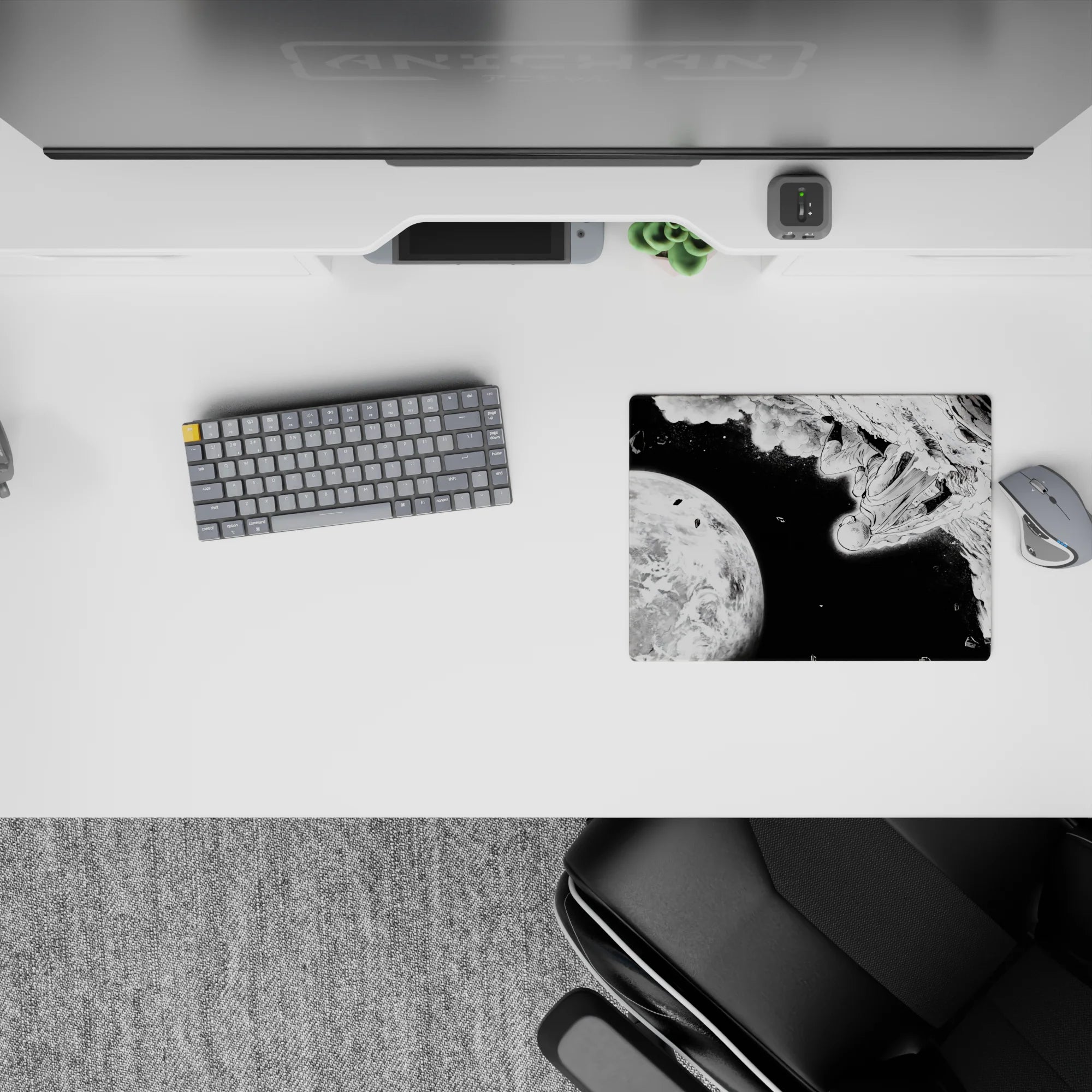 14x10 inches classic anime mouse pad in stark black and white, high-contrast manga mood with ink splashes.