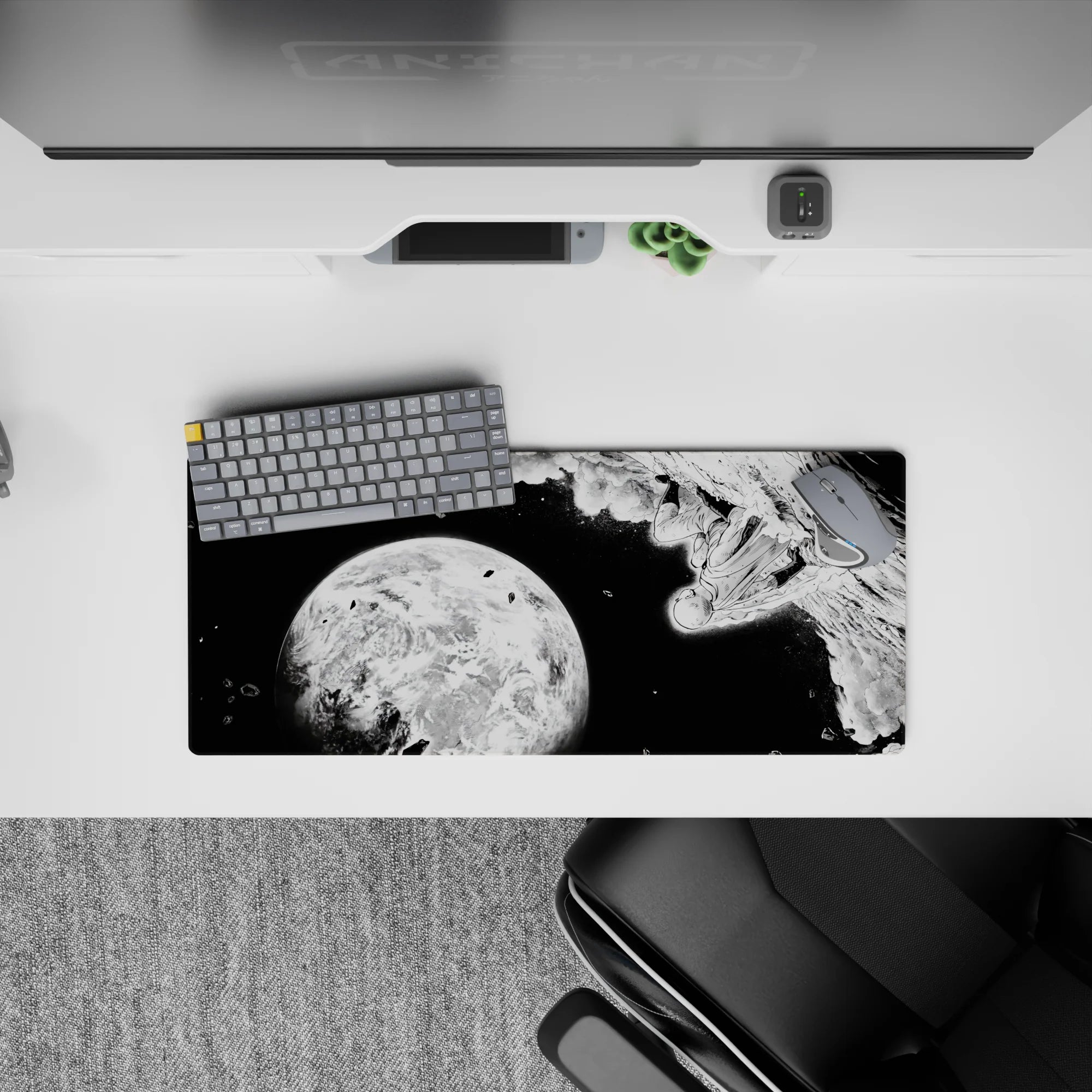 28x12 inches anime mouse pad in stark black and white, bold contrast sci-fi mood with ink splashes and debris.