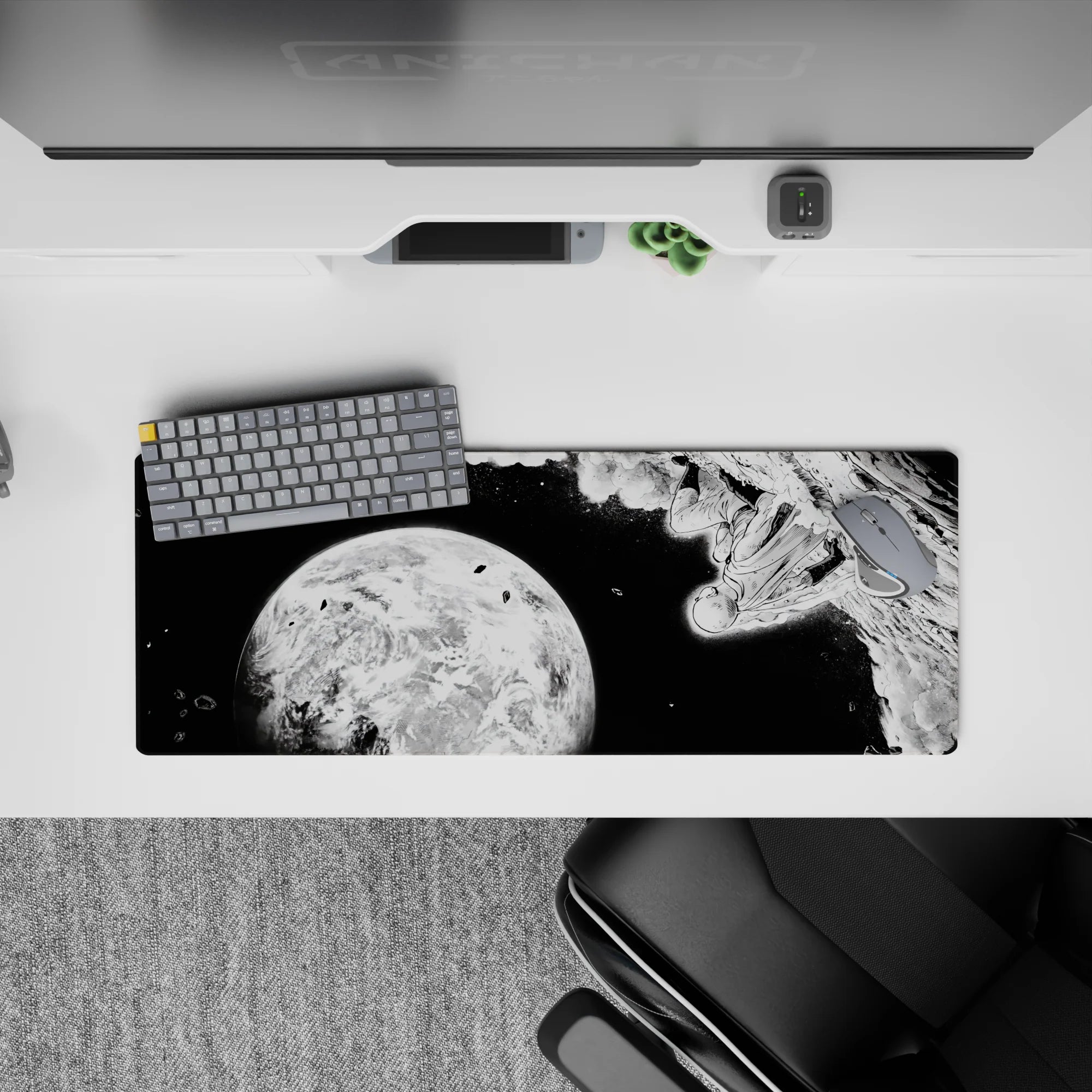 32x12 inches anime mouse pad in stark black and white, moody cosmic scene with bold contrast.
