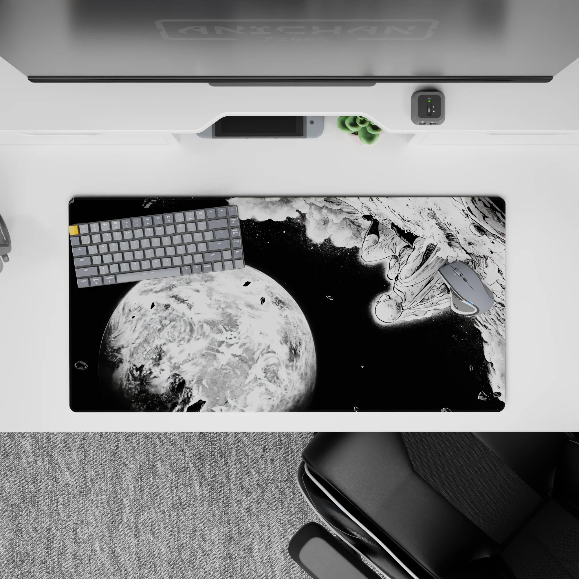 32x16 inches black and white anime mouse pad, bold contrast, ink splashes, quiet brave deep-space mood.
