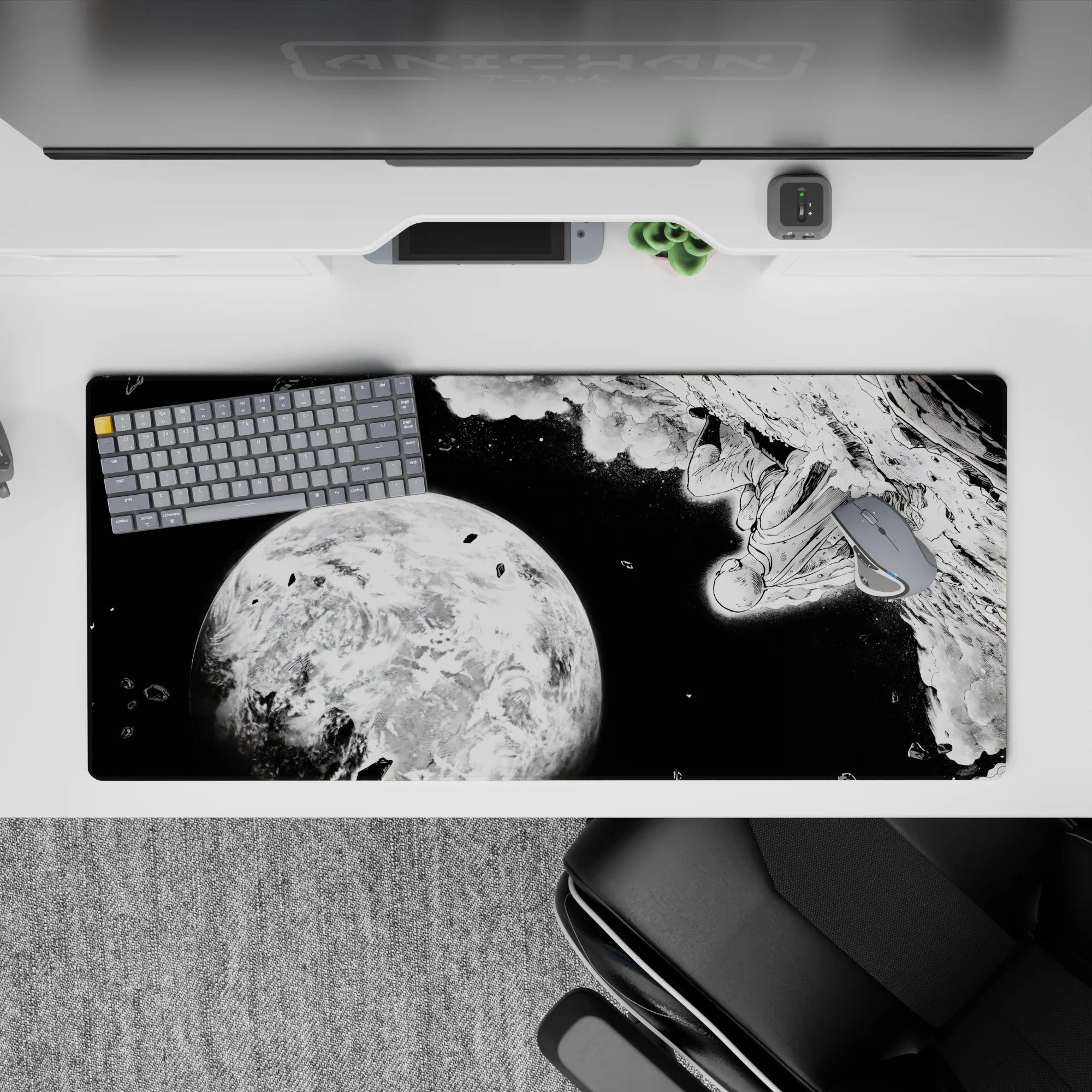 36x16 inches monochrome manga-style desk pad, stark black ink splashes and a quiet brave deep-space mood.