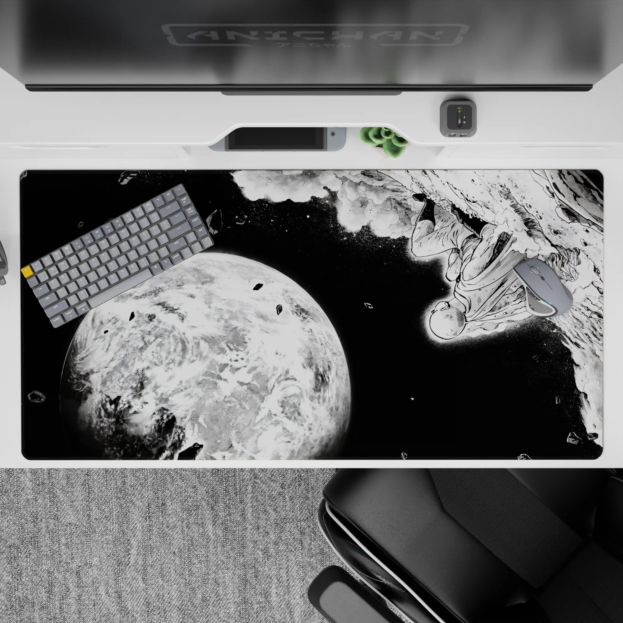 40x20 inches anime desk pad in stark black and white, bold contrast with a quiet, brave deep-space mood.