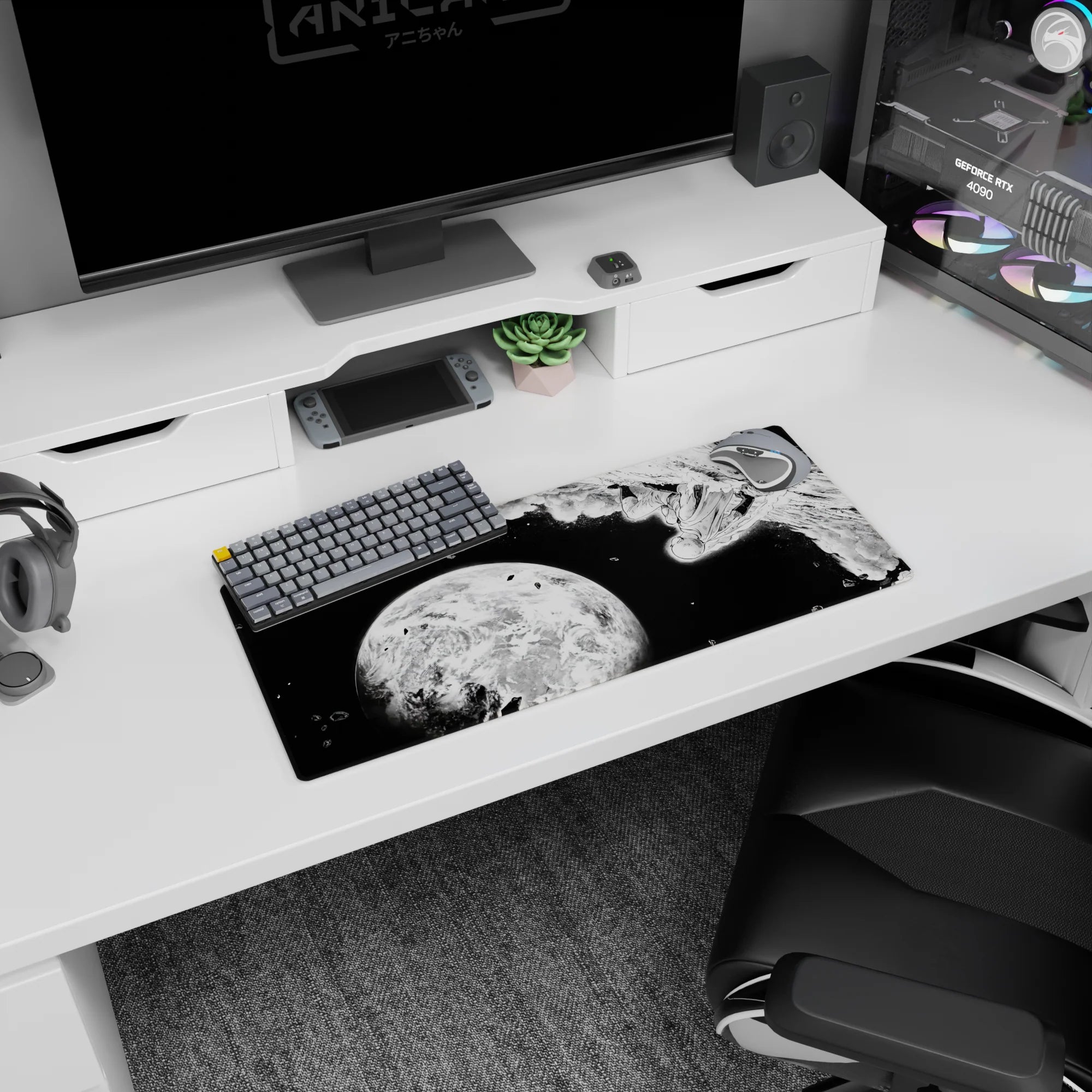 28x12 inches anime mouse pad showing a caped hero diving past shattered rock toward a cold, glowing planet.