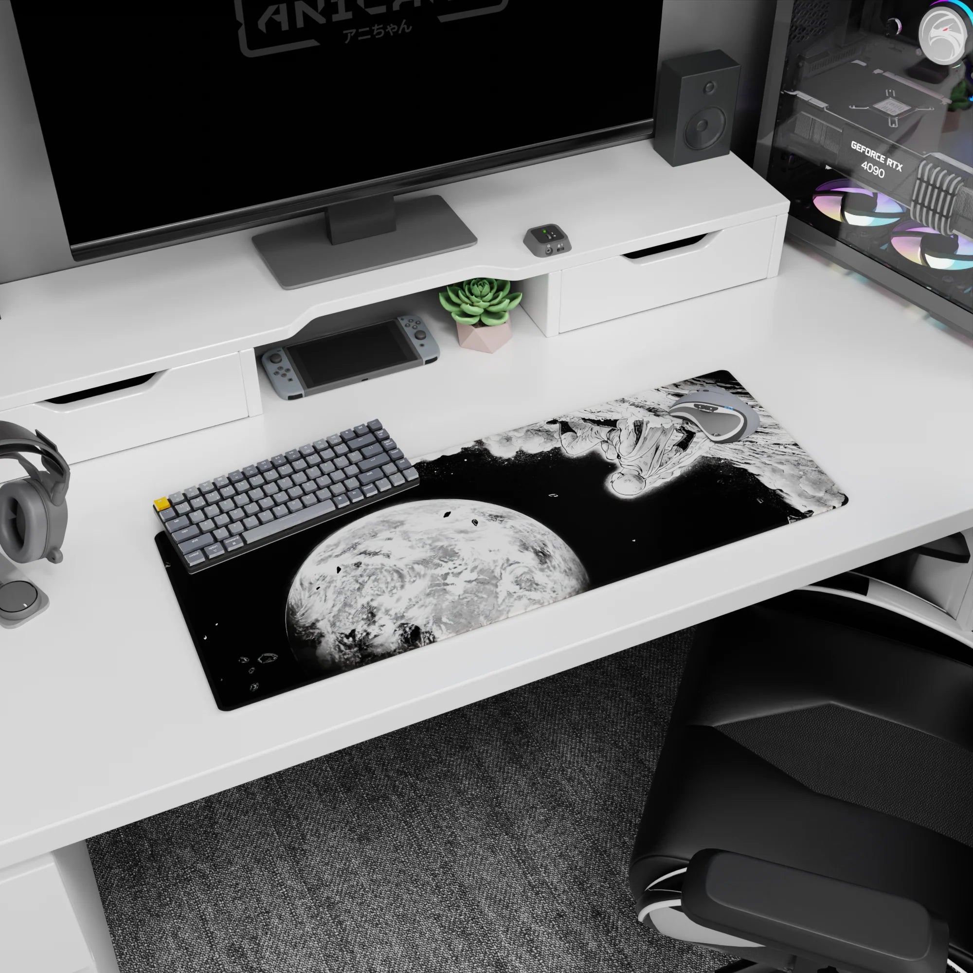 32x12 inches anime mouse pad showing a caped hero diving past shattered rocks toward a giant planet.
