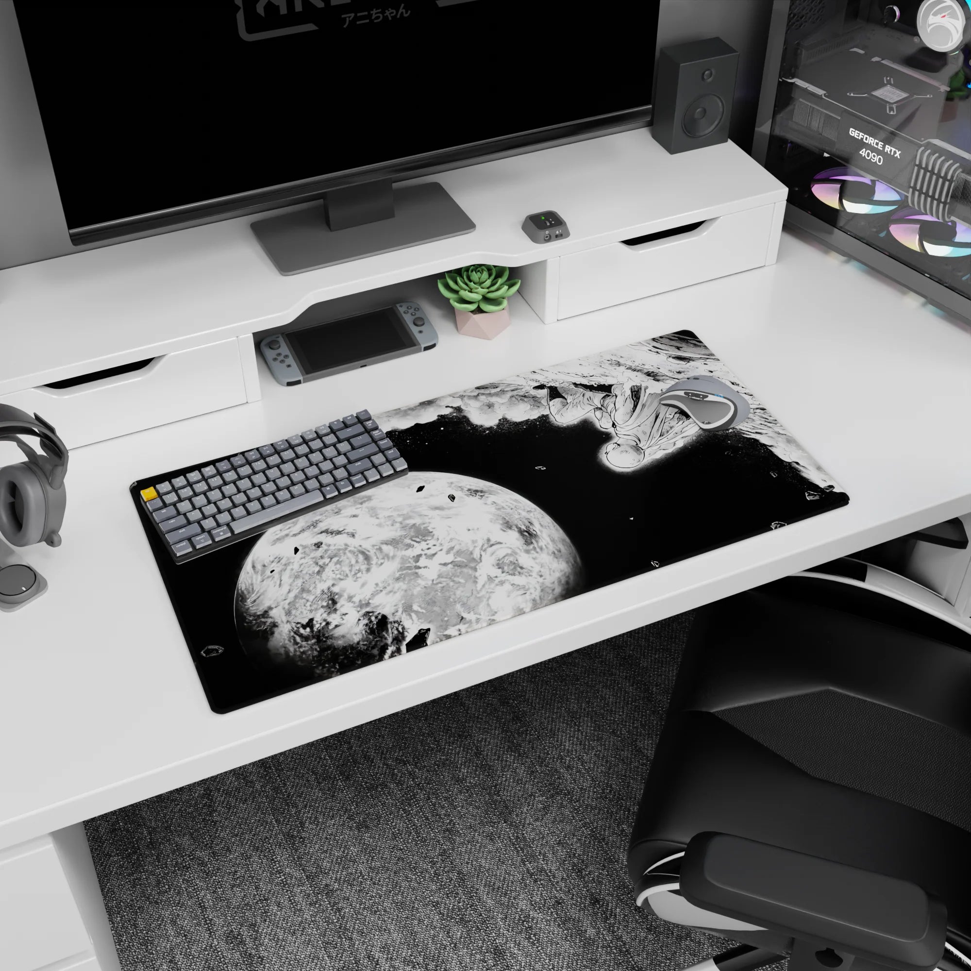 32x16 inches anime mouse pad showing a lone caped hero diving past debris toward a glowing planet.
