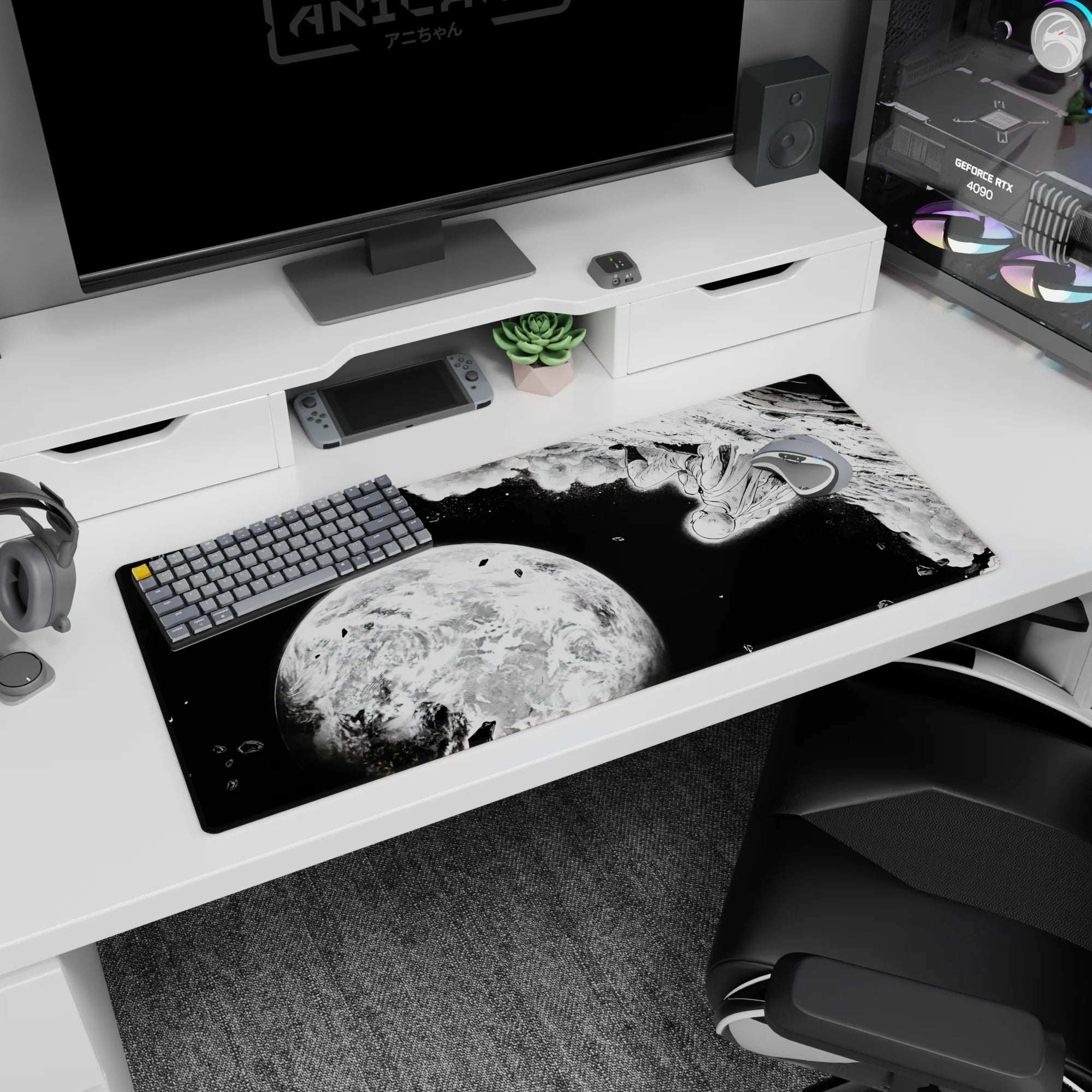 36x16 inches anime desk pad showing a caped hero diving through asteroid shards past a huge glowing planet.