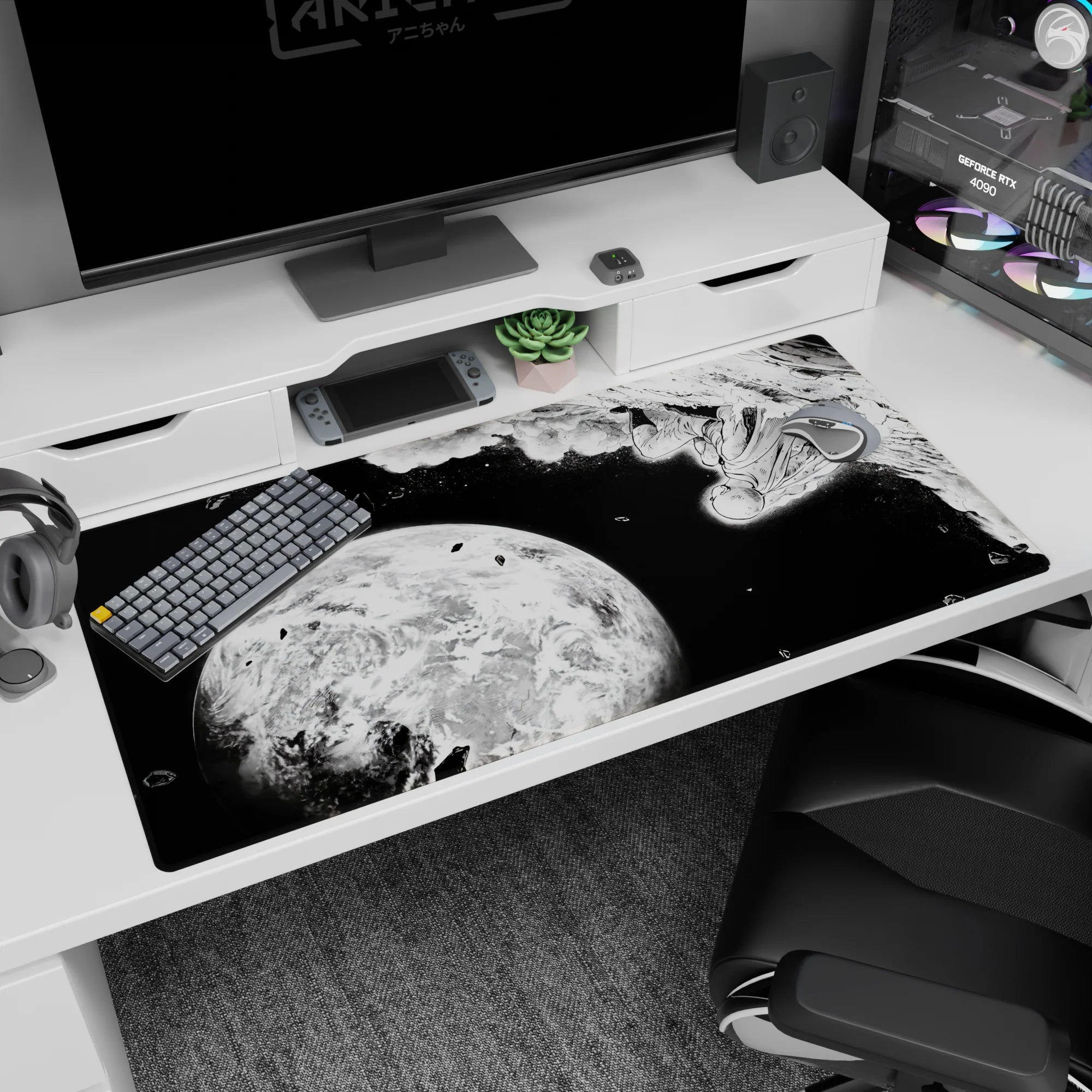 40x20 inches anime desk pad showing a caped hero falling past shattered rock toward a cold-lit planet.