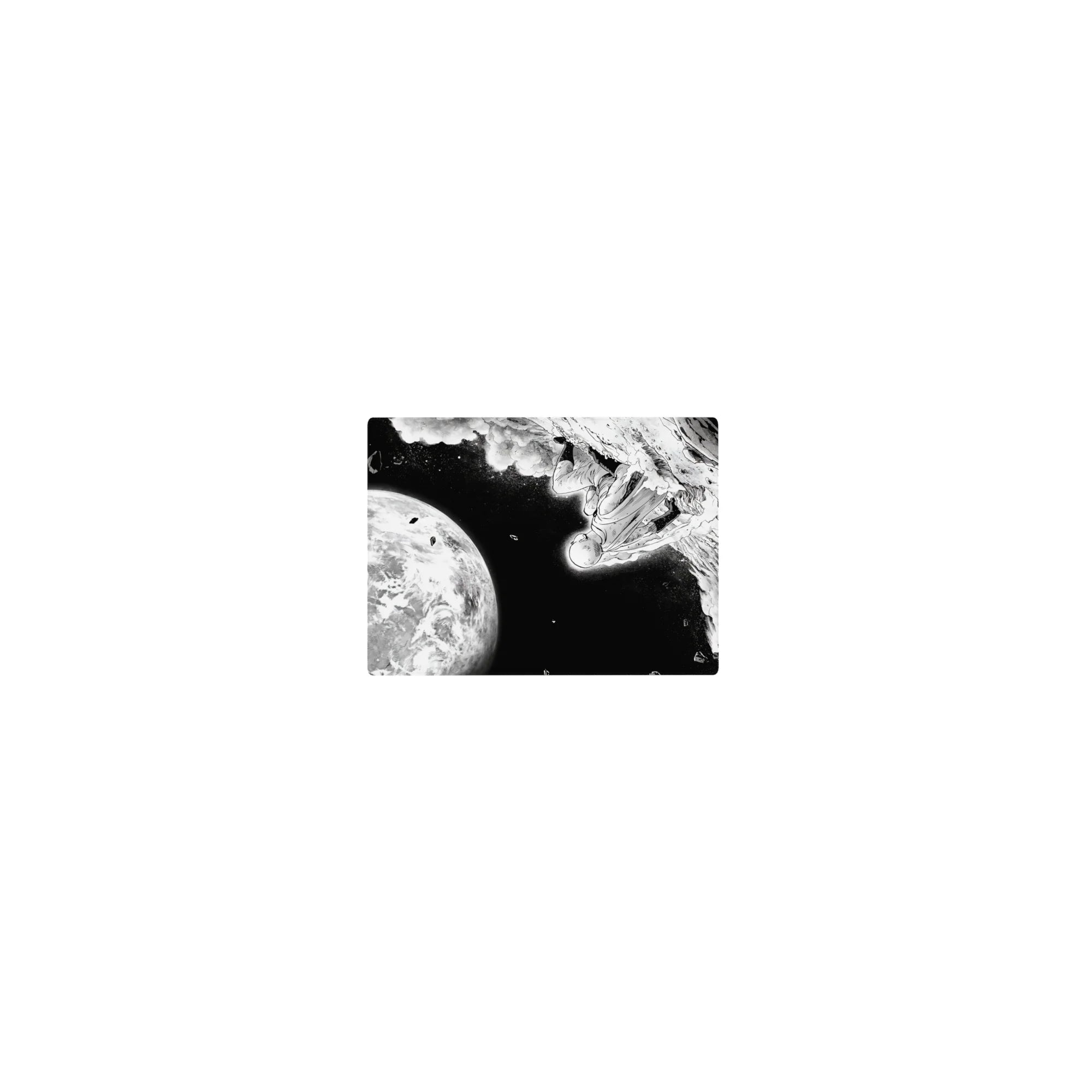 14x10 inches classic anime mouse pad with black-and-white space hero art, planet glow, and rock debris trails.
